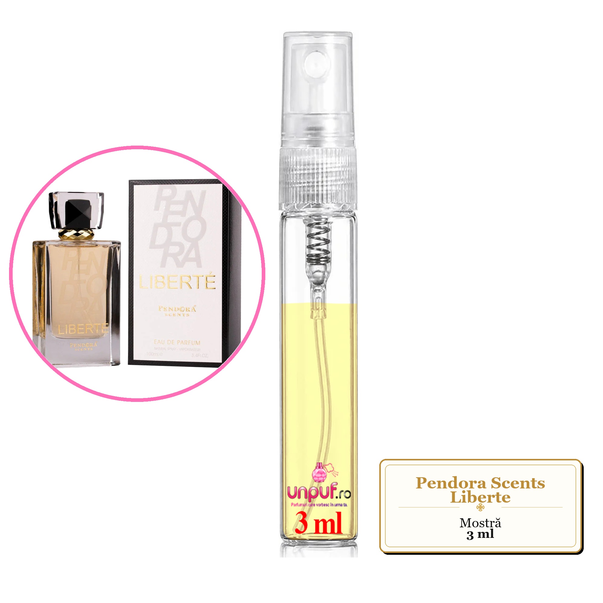 Mostra fiola din Parfumul Pendora Scents Liberte, decant sticla cu pulverizator 