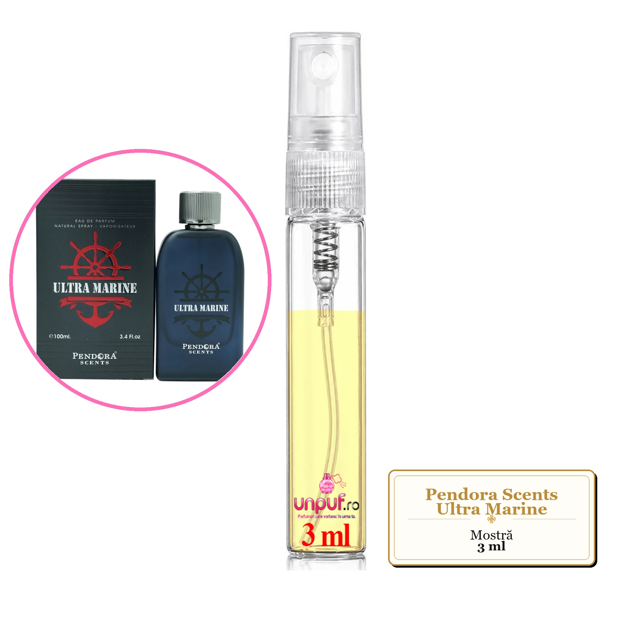 Mostra fiola din Parfumul Pendora Scents Ultra Marine, decant sticla cu pulverizator