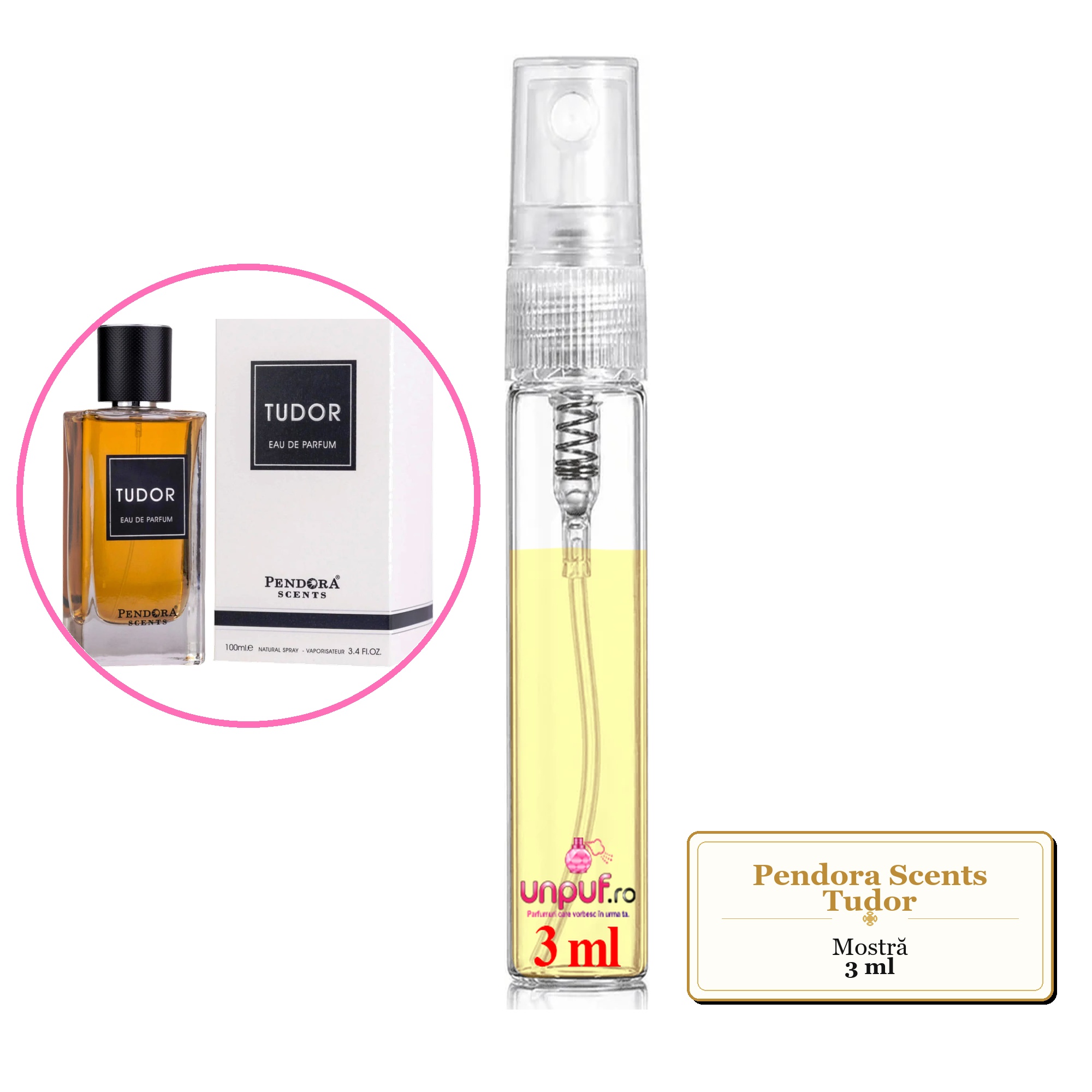 Mostra fiola din Parfumul Pendora Scents Tudor, decant sticla cu pulverizator 