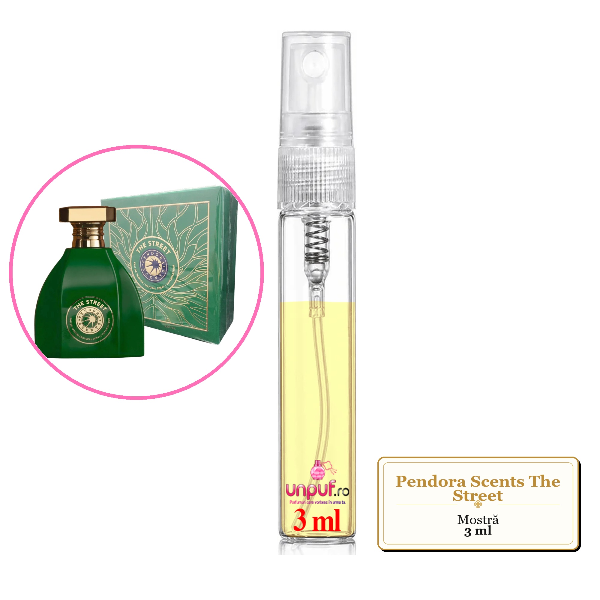 Mostra fiola din Parfumul Pendora Scents The Street, decant sticla cu pulverizator