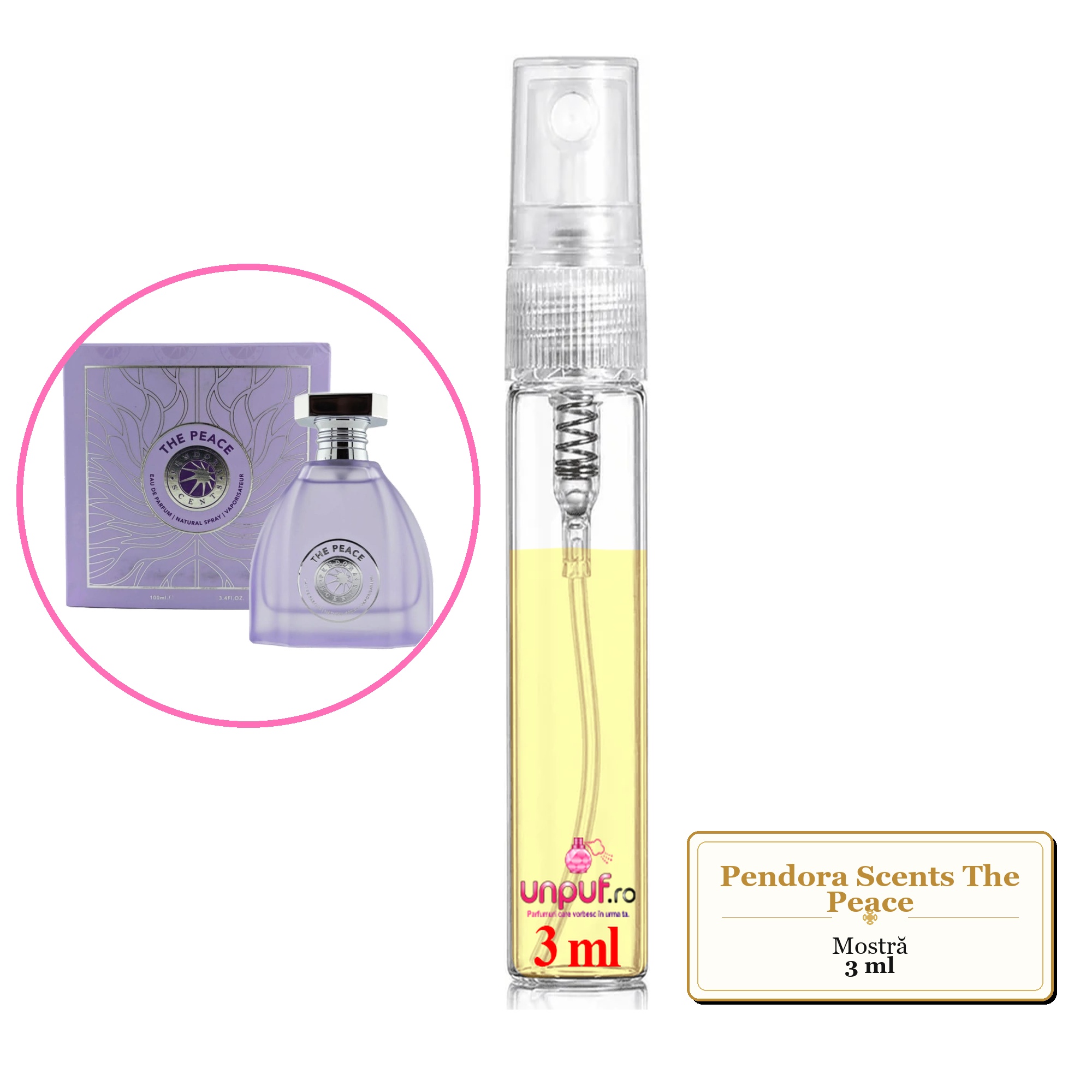 Mostra fiola din Parfumul Pendora Scents The Peace, decant sticla cu pulverizator 