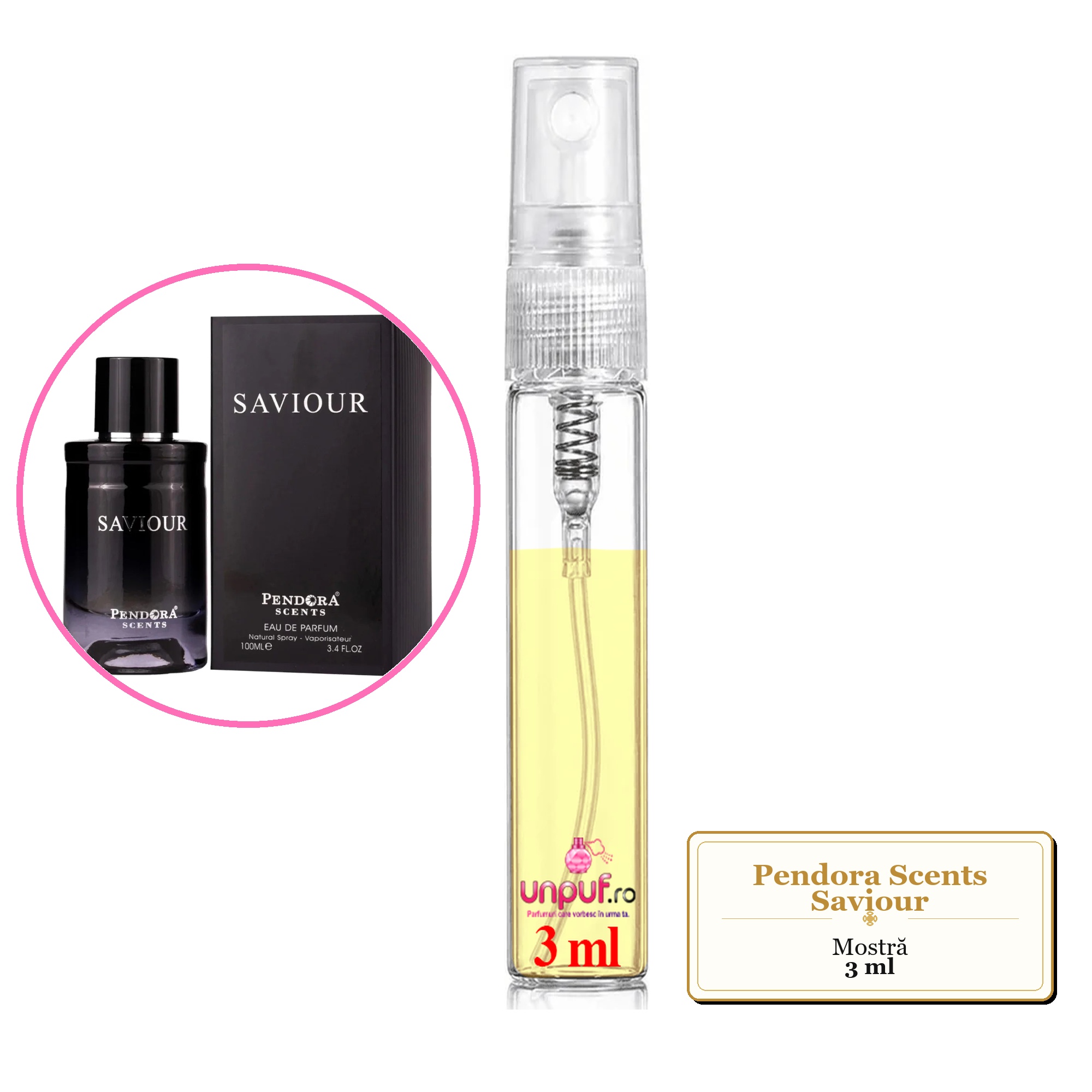 Mostra fiola din Parfumul Pendora Scents Saviour, decant sticla cu pulverizator 