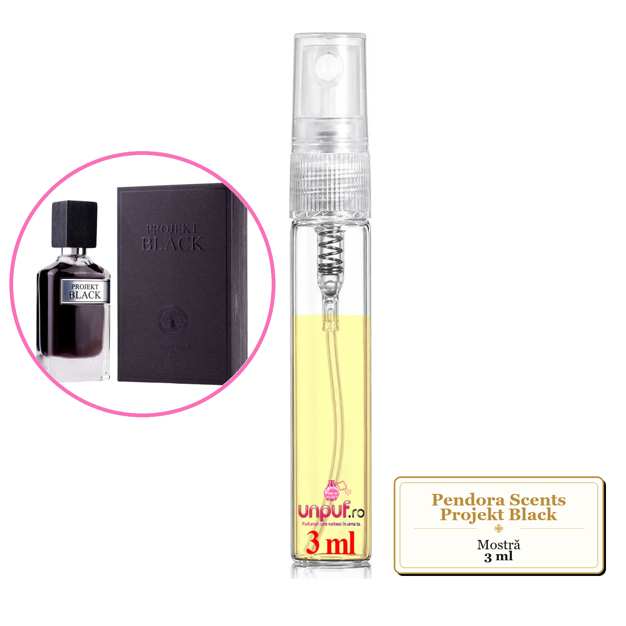 Mostra fiola din Parfumul Pendora Scents Projekt Black, decant sticla cu pulverizator 