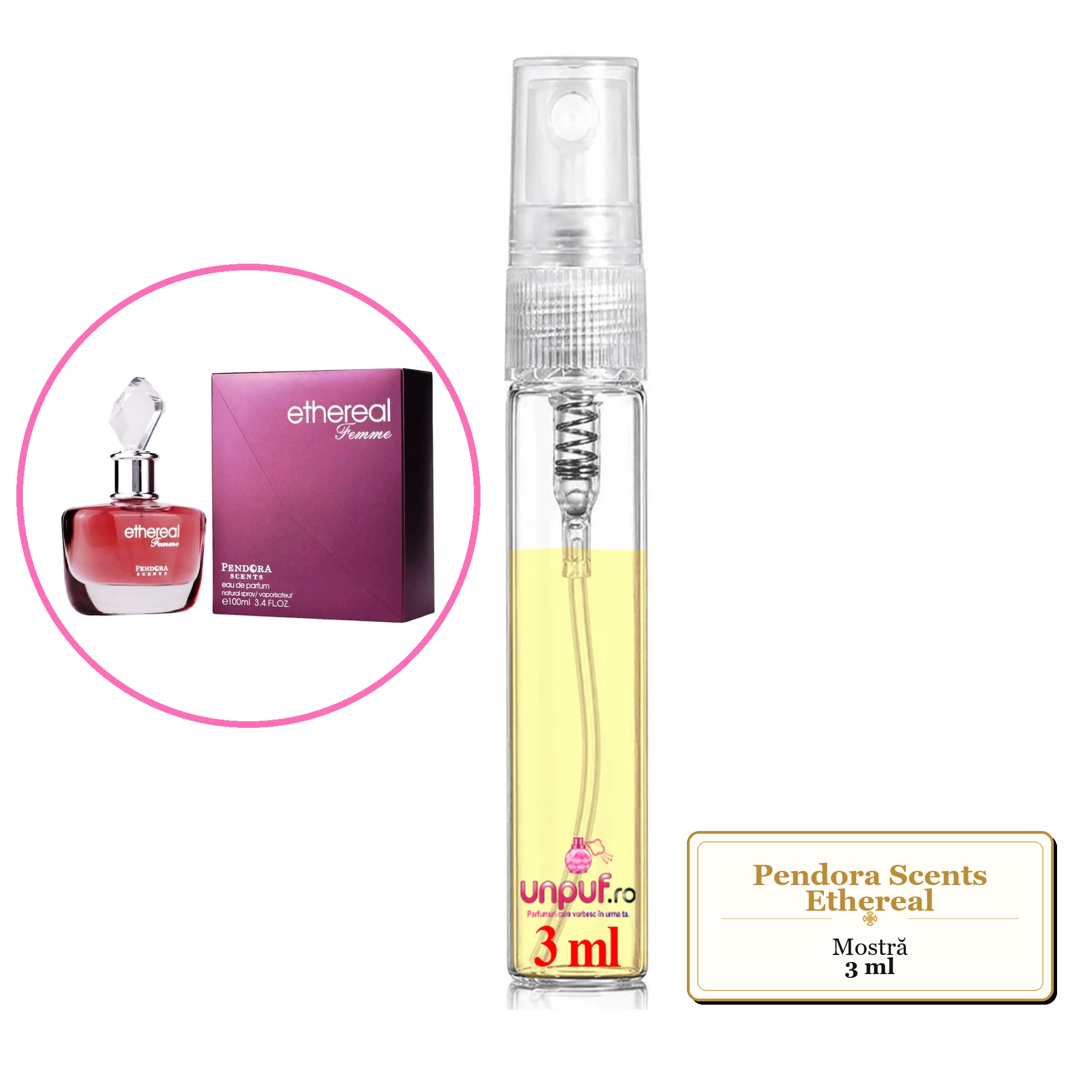 Mostra fiola din Parfumul Pendora Scents Ethereal, decant sticla cu pulverizator 