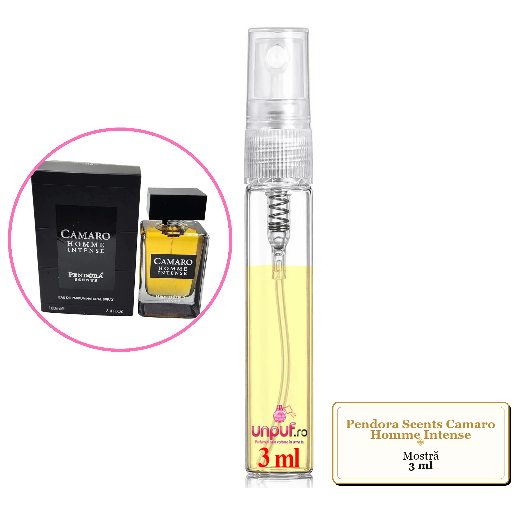 Mostra fiola din Parfumul Pendora Scents Camaro Homme Intense, decant sticla cu pulverizator 