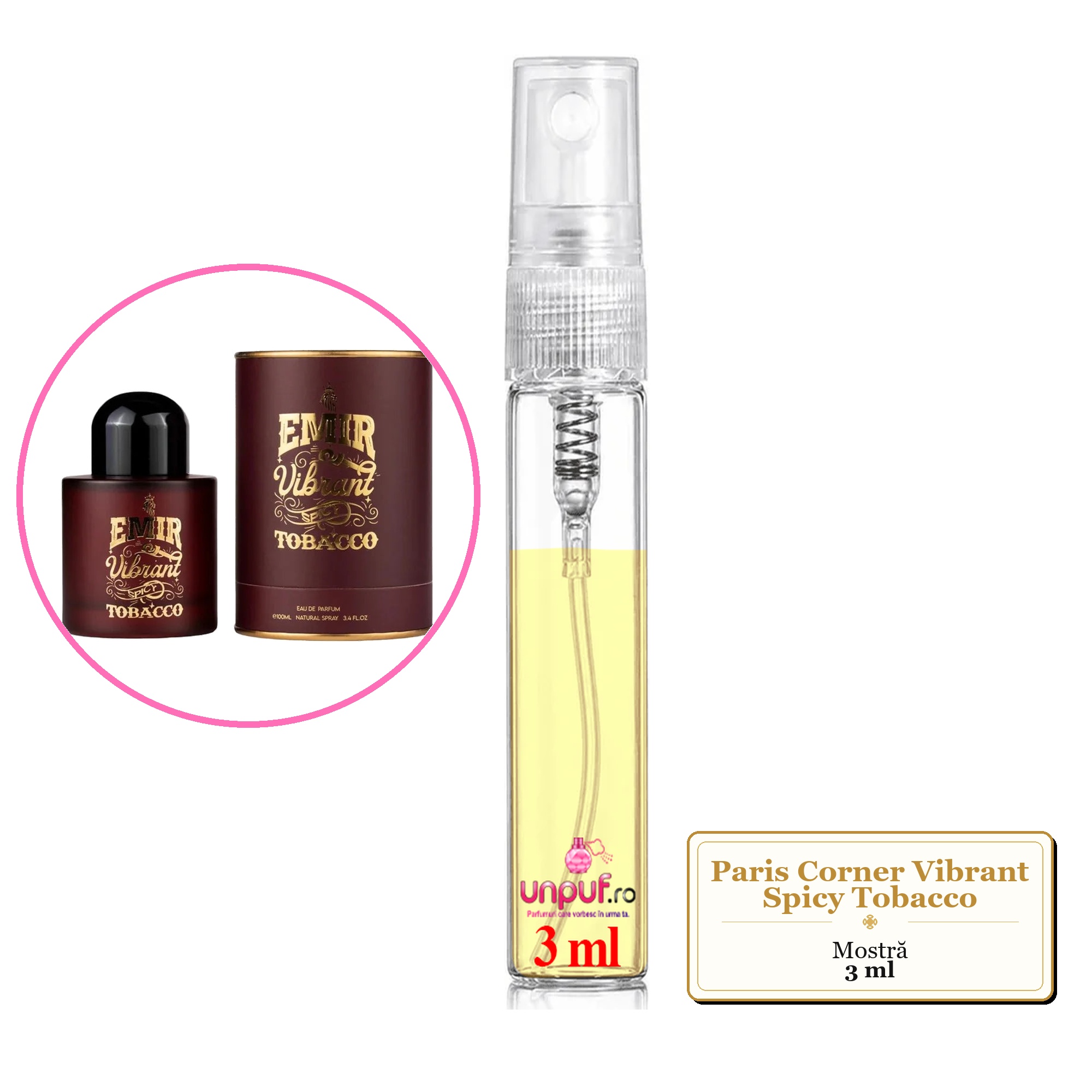Mostra fiola din Parfumul Paris Corner Vibrant Spicy Tobacco, decant sticla cu pulverizator 