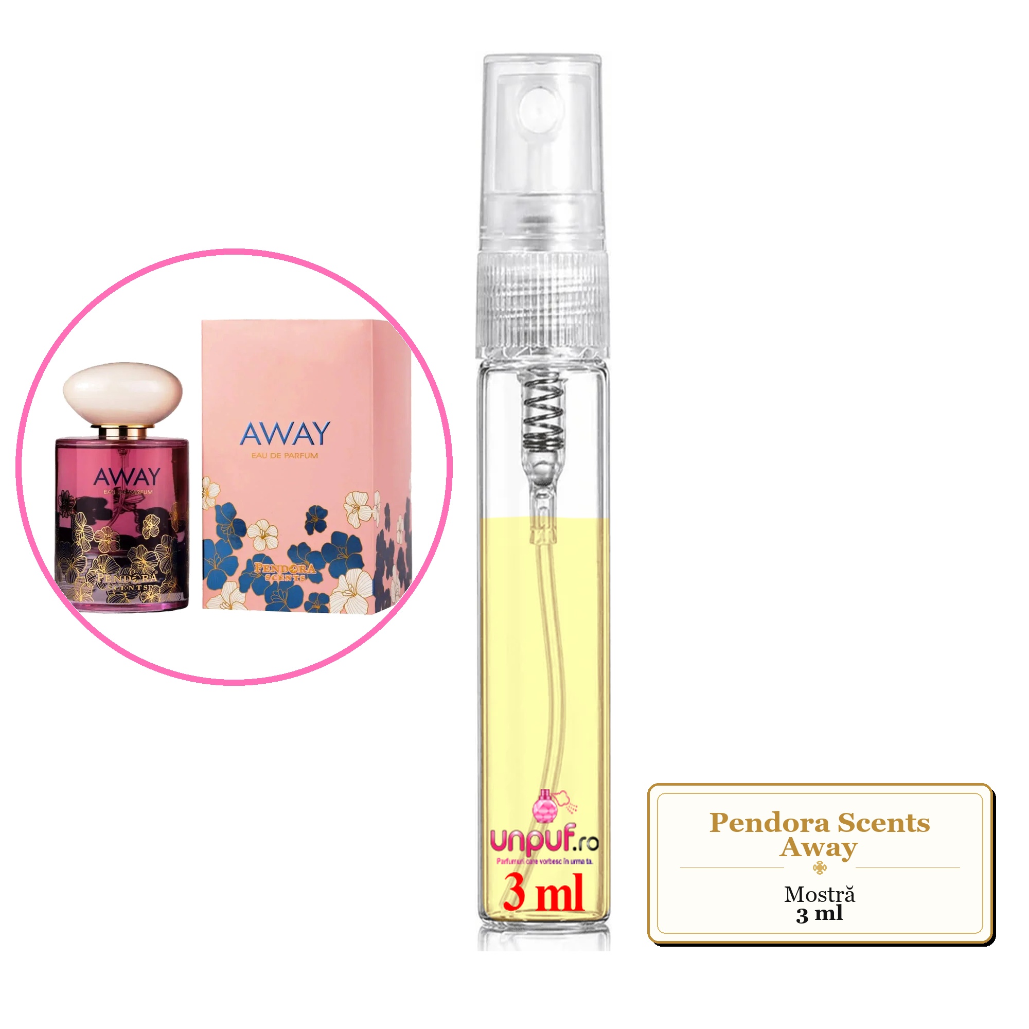 Mostra fiola din Parfumul Pendora Scents Away, decant sticla cu pulverizator