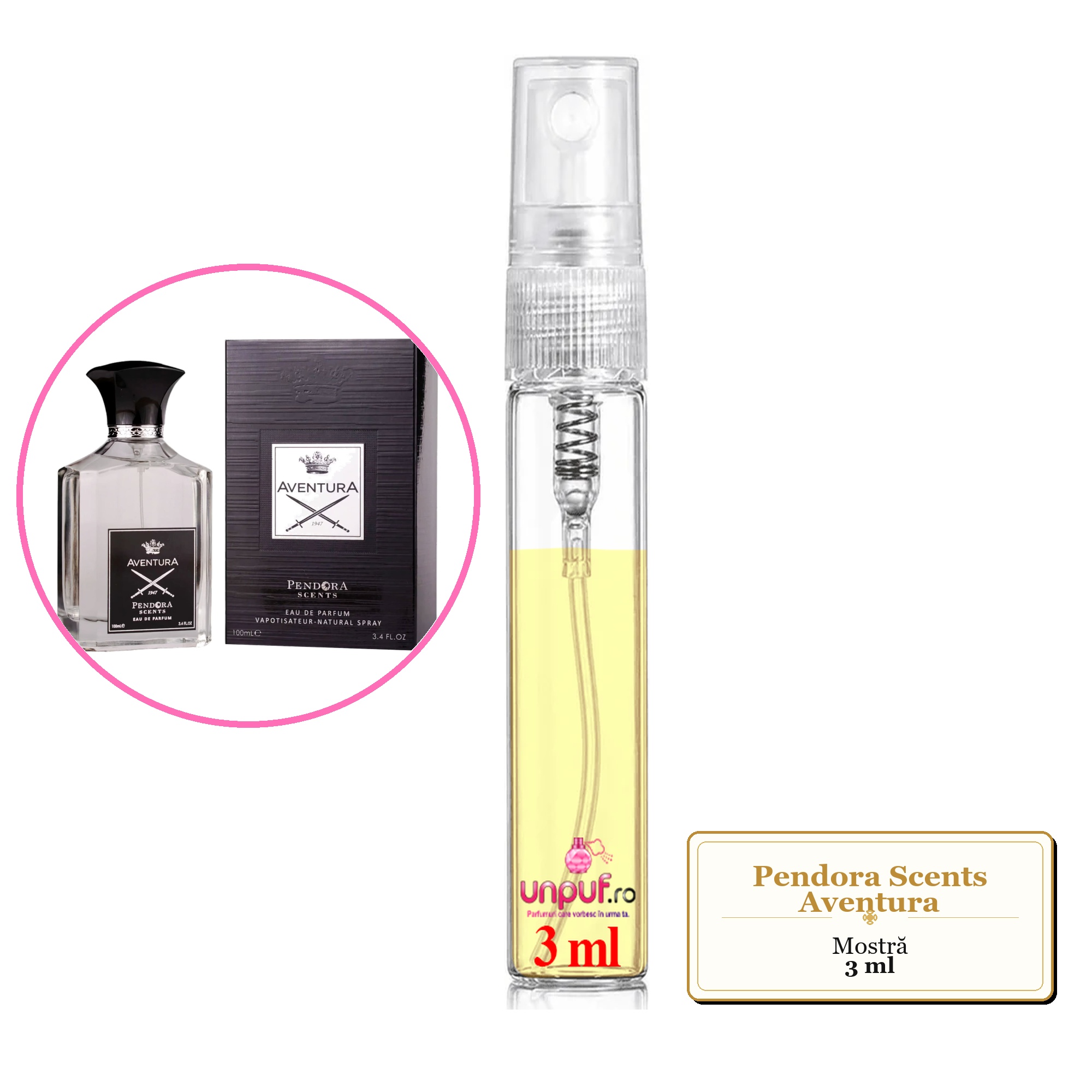 Mostra fiola din Parfumul Pendora Scents Aventura, decant sticla cu pulverizator 