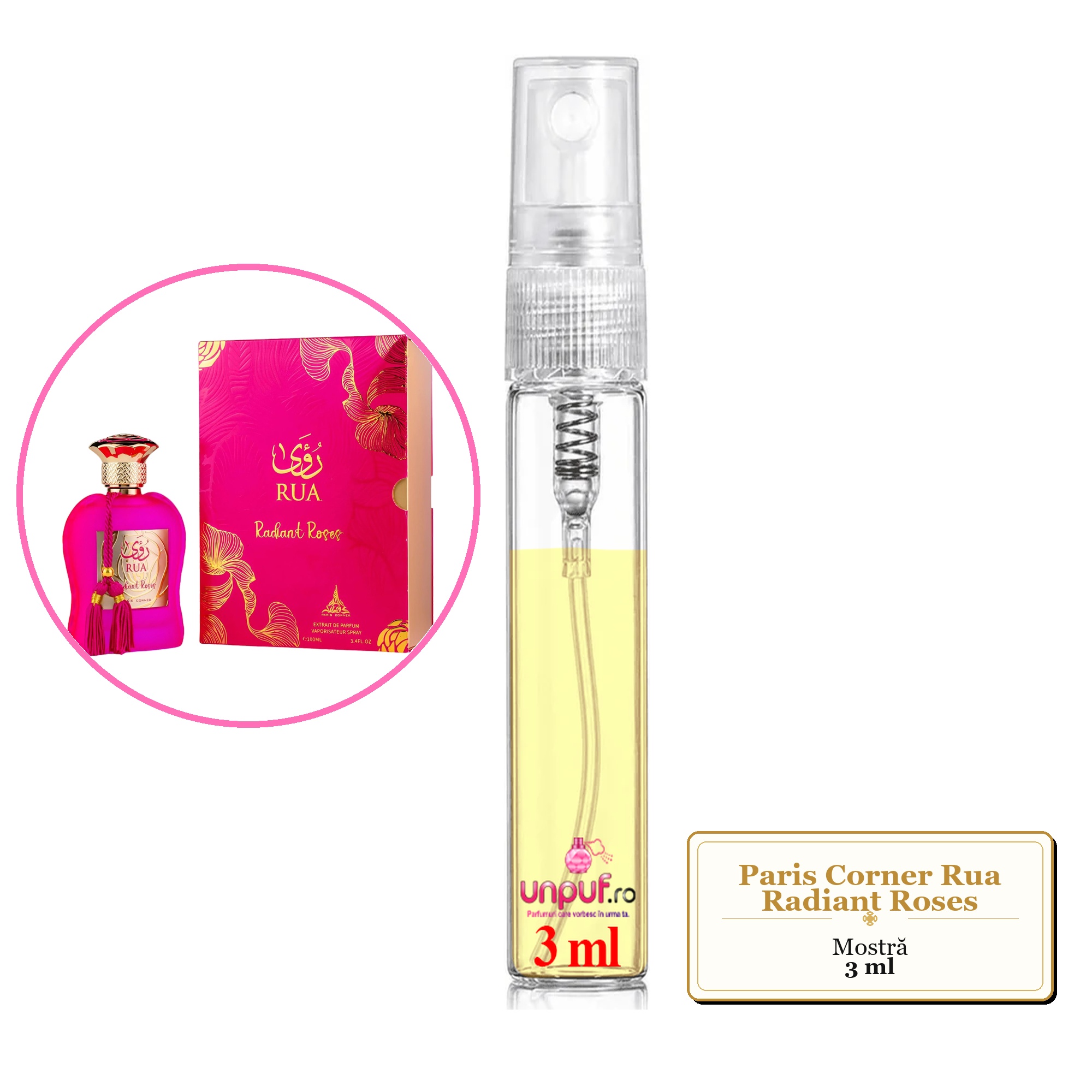Mostra fiola din Parfumul Paris Corner Rua Radiant Roses, decant sticla cu pulverizator 