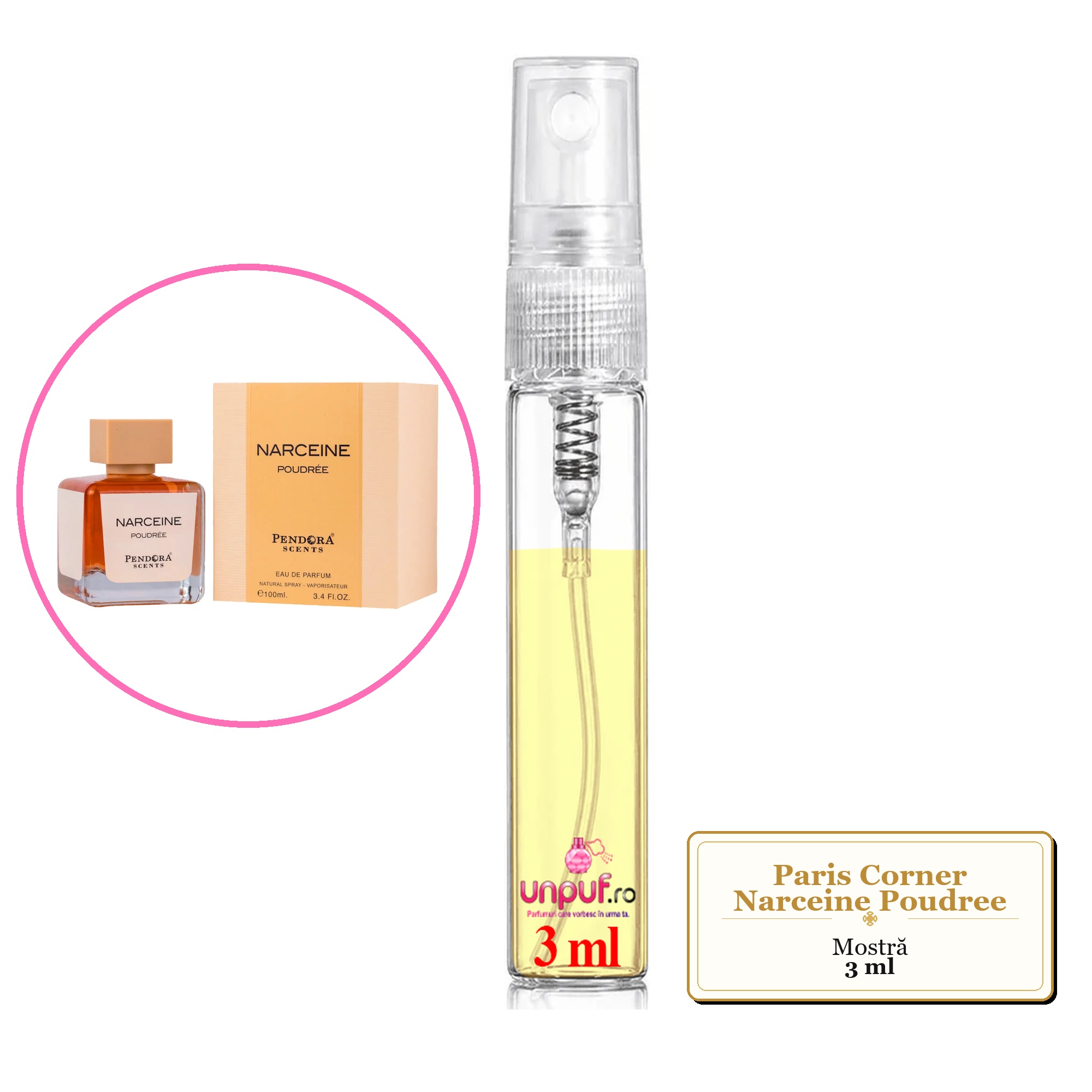 Mostra fiola din Parfumul Paris Corner Narceine Poudree, decant sticla cu pulverizator