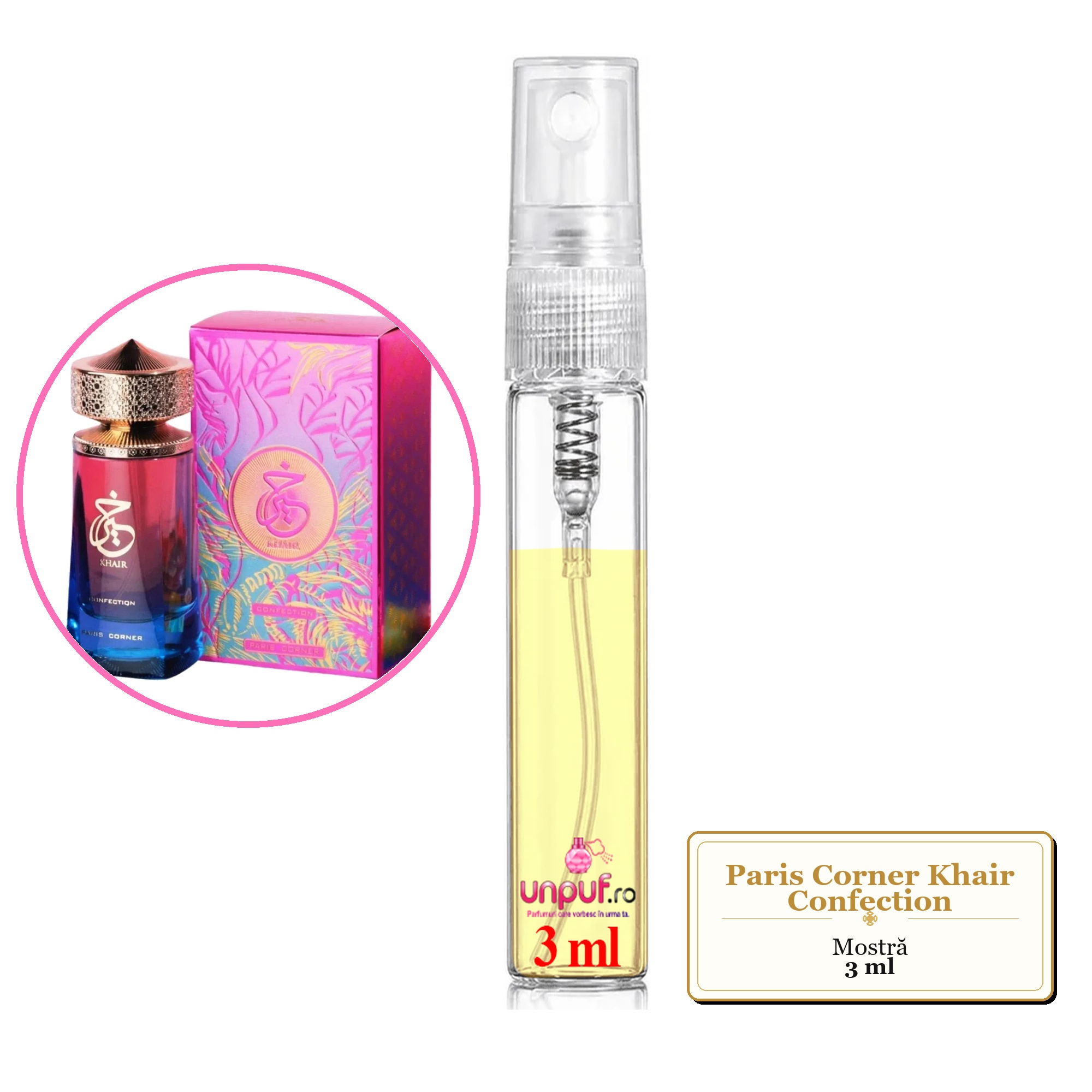 Mostra fiola din Parfumul Paris Corner Khair Confection, decant sticla cu pulverizator