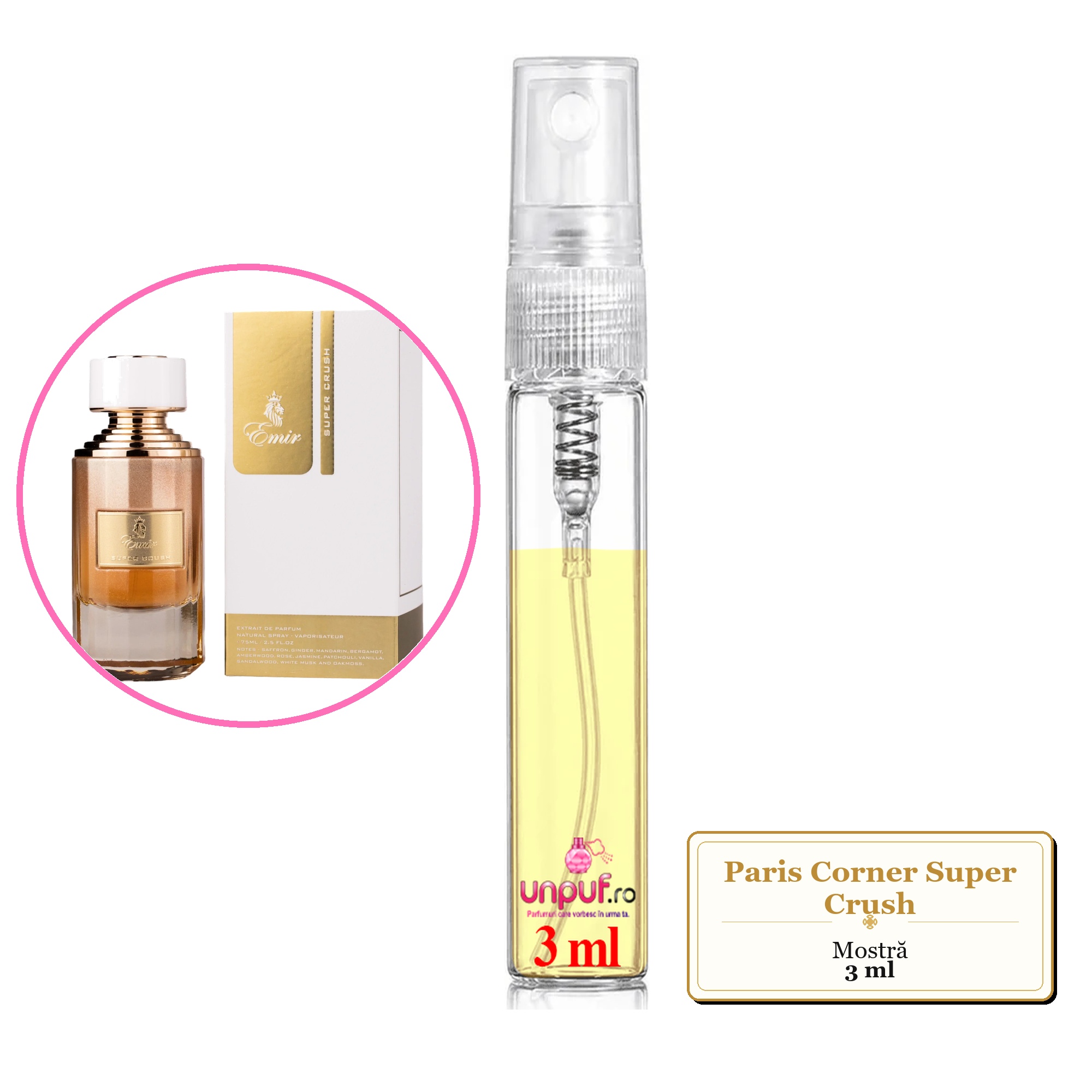 Mostra fiola din Parfumul Paris Corner Super Crush, decant sticla cu pulverizator