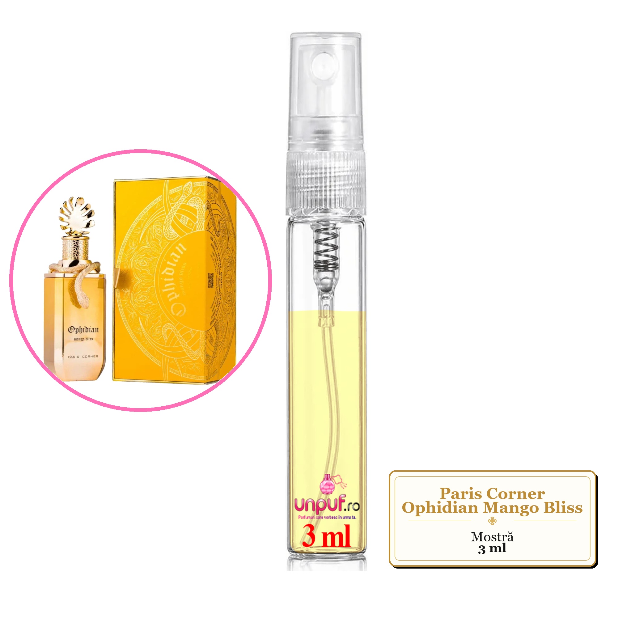 Mostra fiola din Parfumul Paris Corner Ophidian Mango Bliss, decant sticla cu pulverizator
