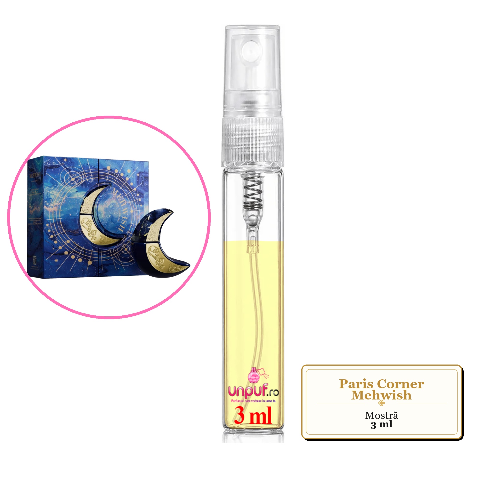 Mostra fiola din Parfumul Paris Corner Mehwish, decant sticla cu pulverizator