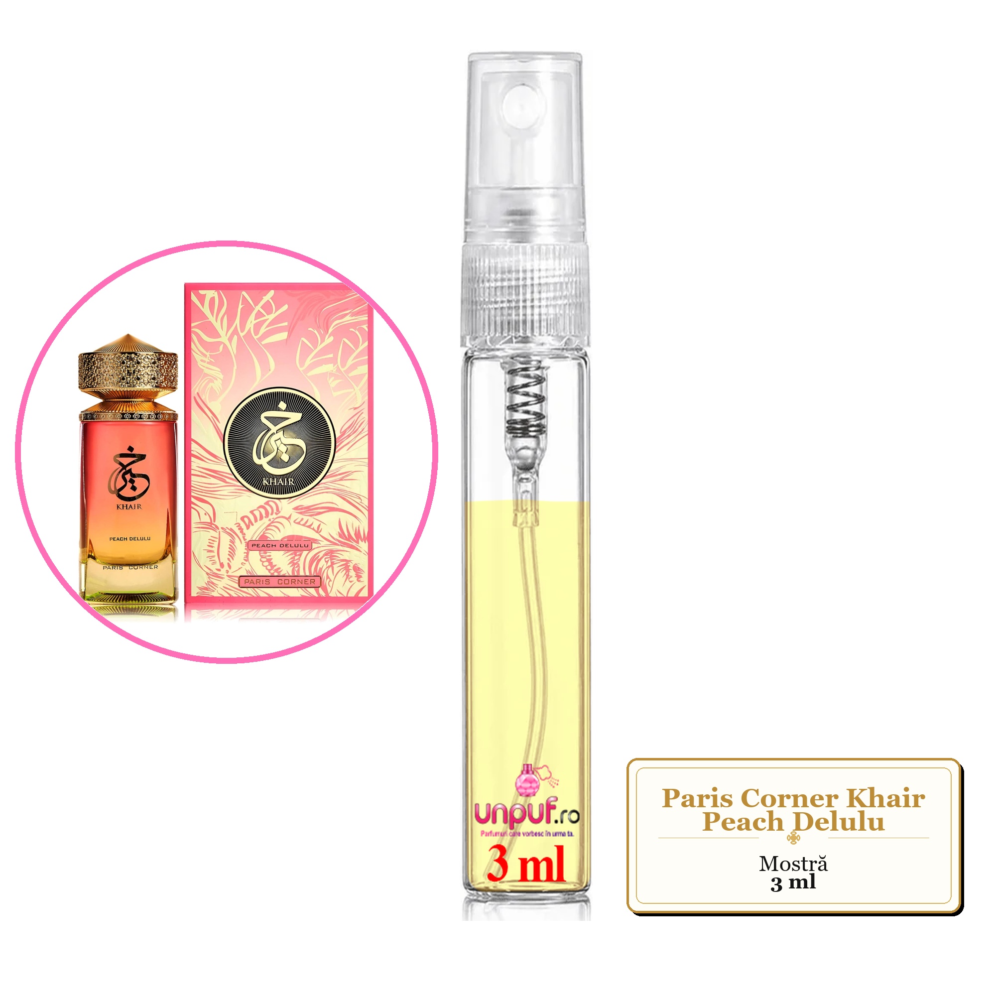 Mostra fiola din Parfumul Paris Corner Khair Peach Delulu, decant sticla cu pulverizator