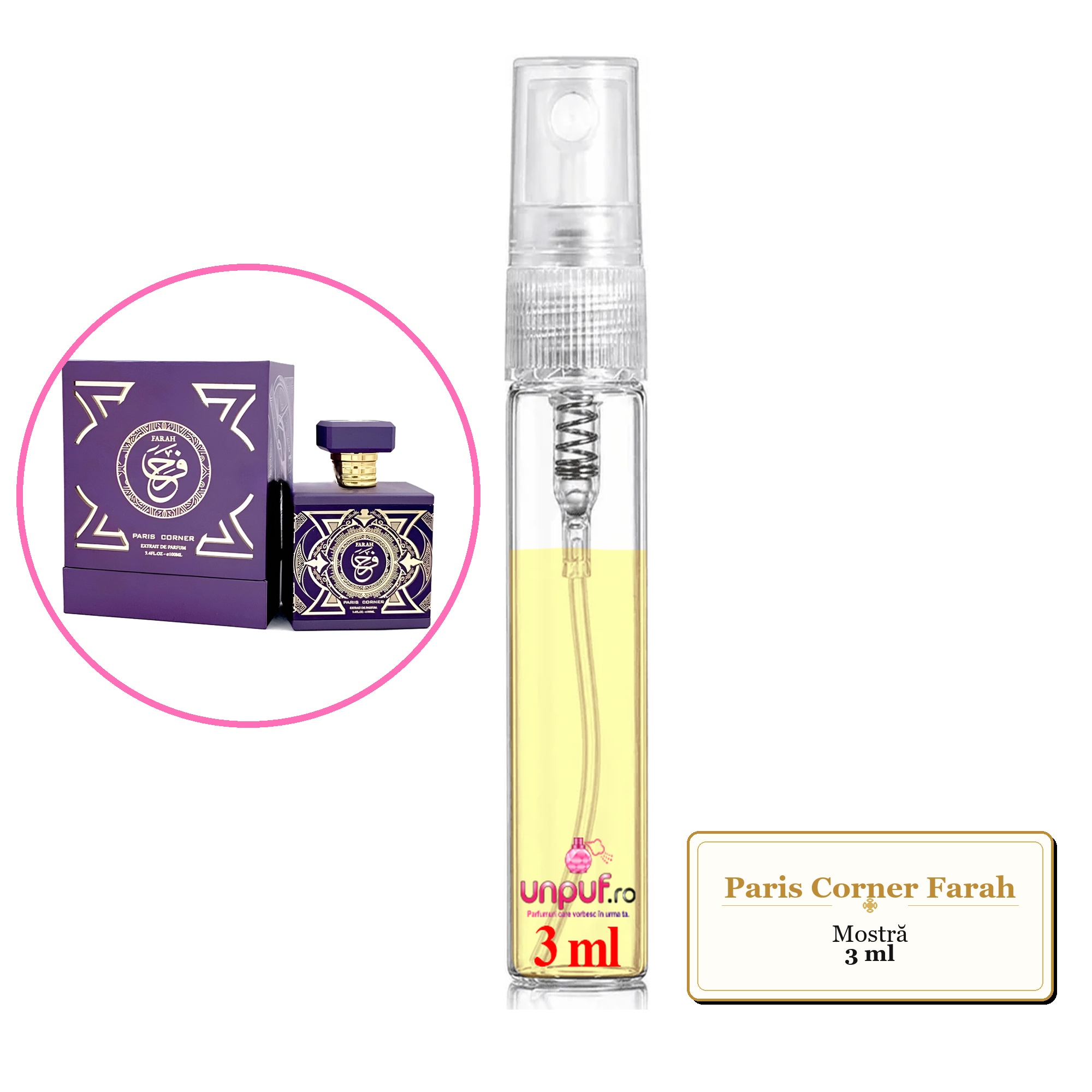 Mostra fiola din Parfumul Paris Corner Farah, decant sticla cu pulverizator 