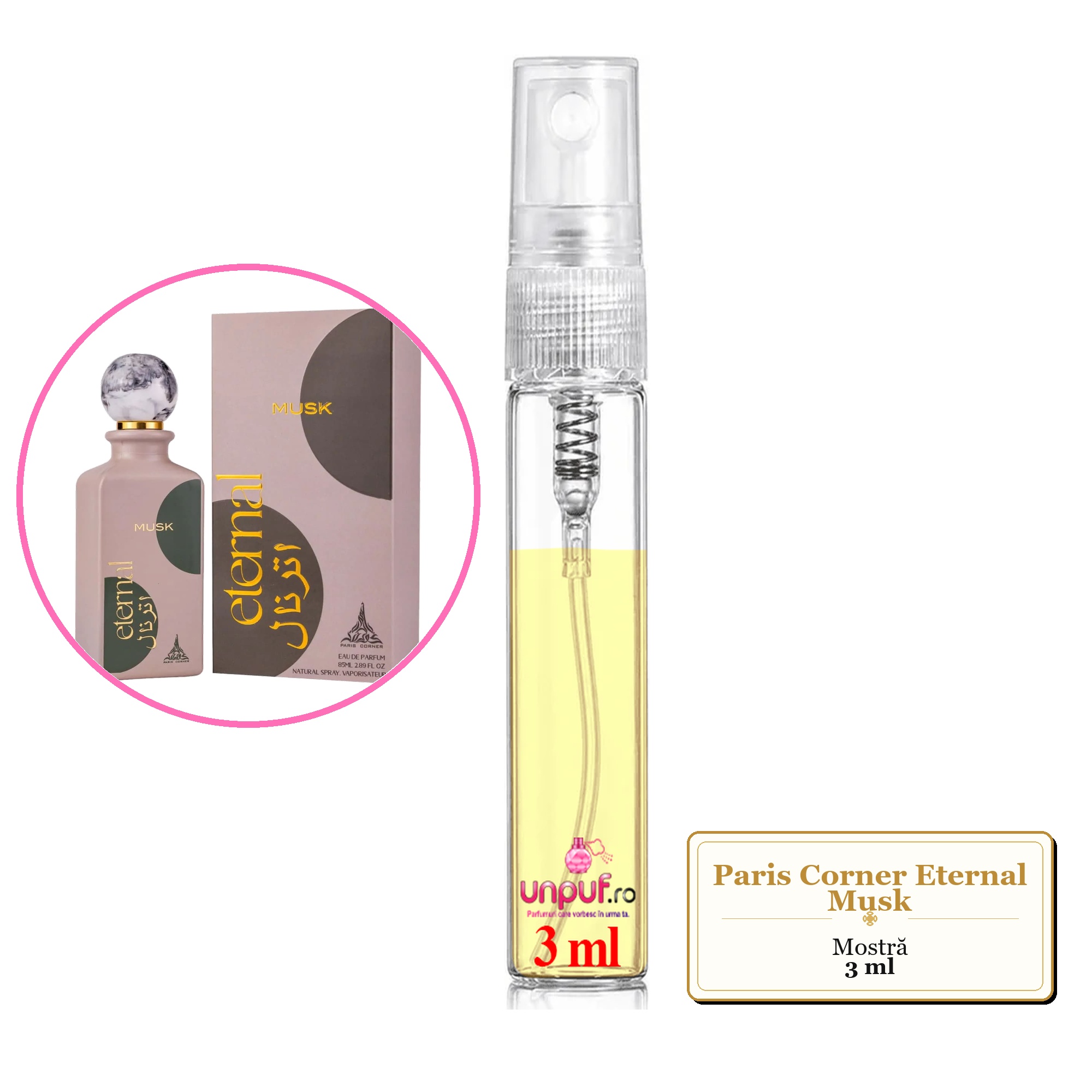 Mostra fiola din Parfumul Paris Corner Eternal Musk, decant sticla cu pulverizator 