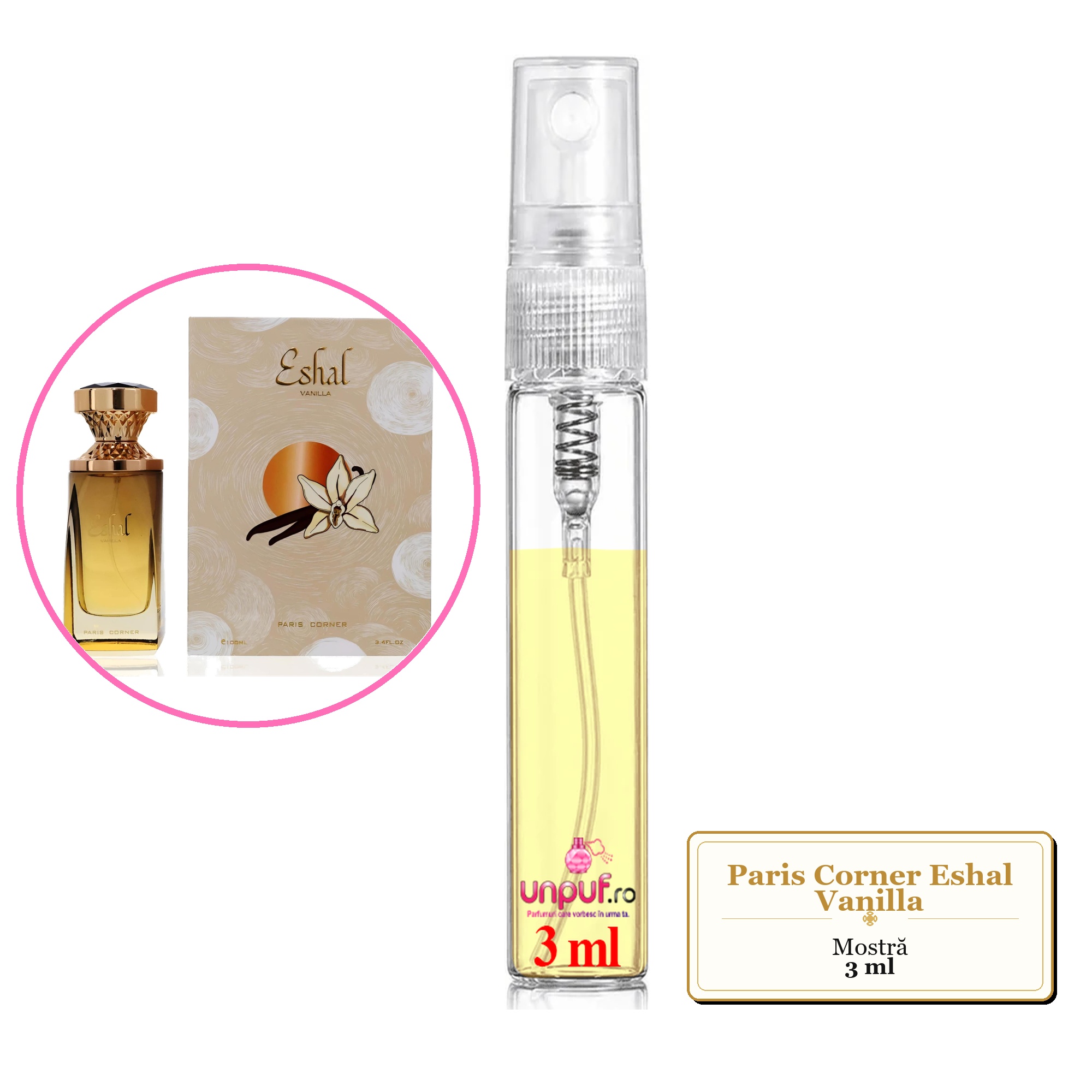 Mostra fiola din Parfumul Paris Corner Eshal Vanilla, decant sticla cu pulverizator 