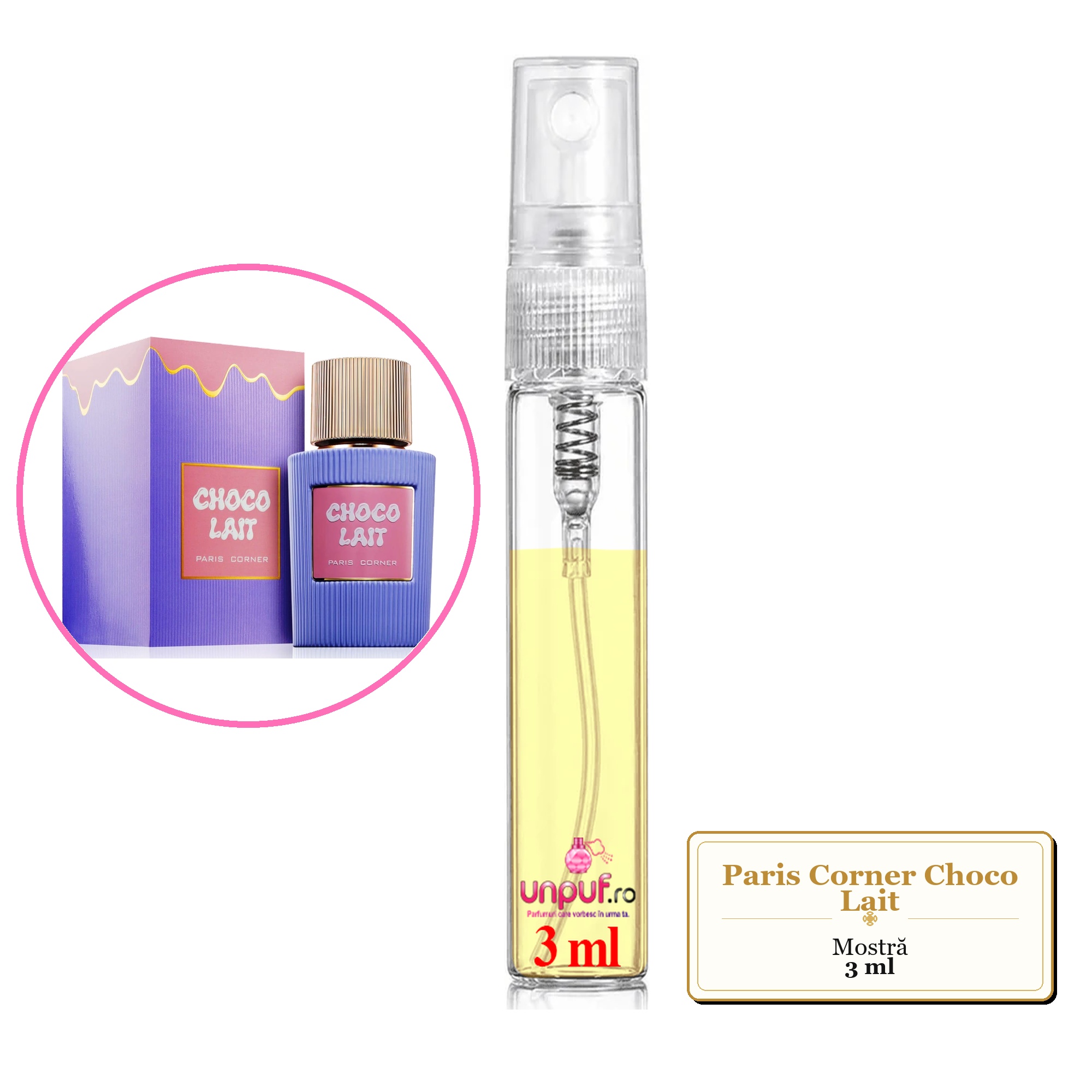 Mostra fiola din Parfumul Paris Corner Choco Lait, decant sticla cu pulverizator 