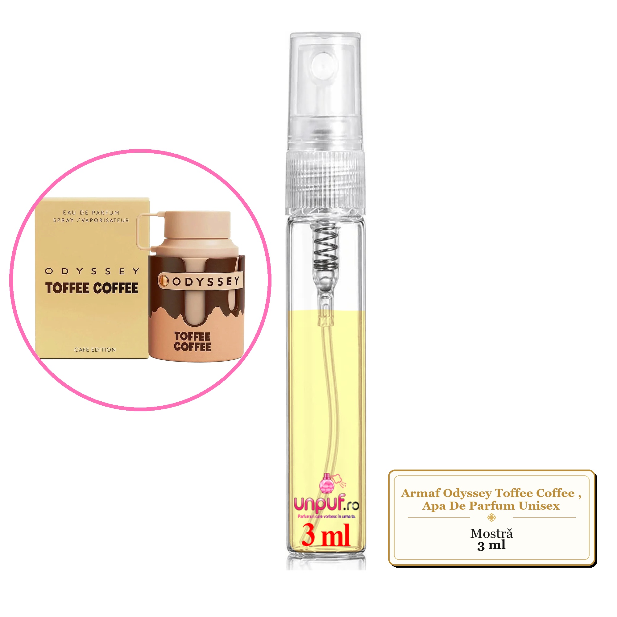 Mostra fiola din Parfumul Armaf Odyssey Toffee Coffee, Apa De Parfum Unisex, decant sticla cu pulverizator