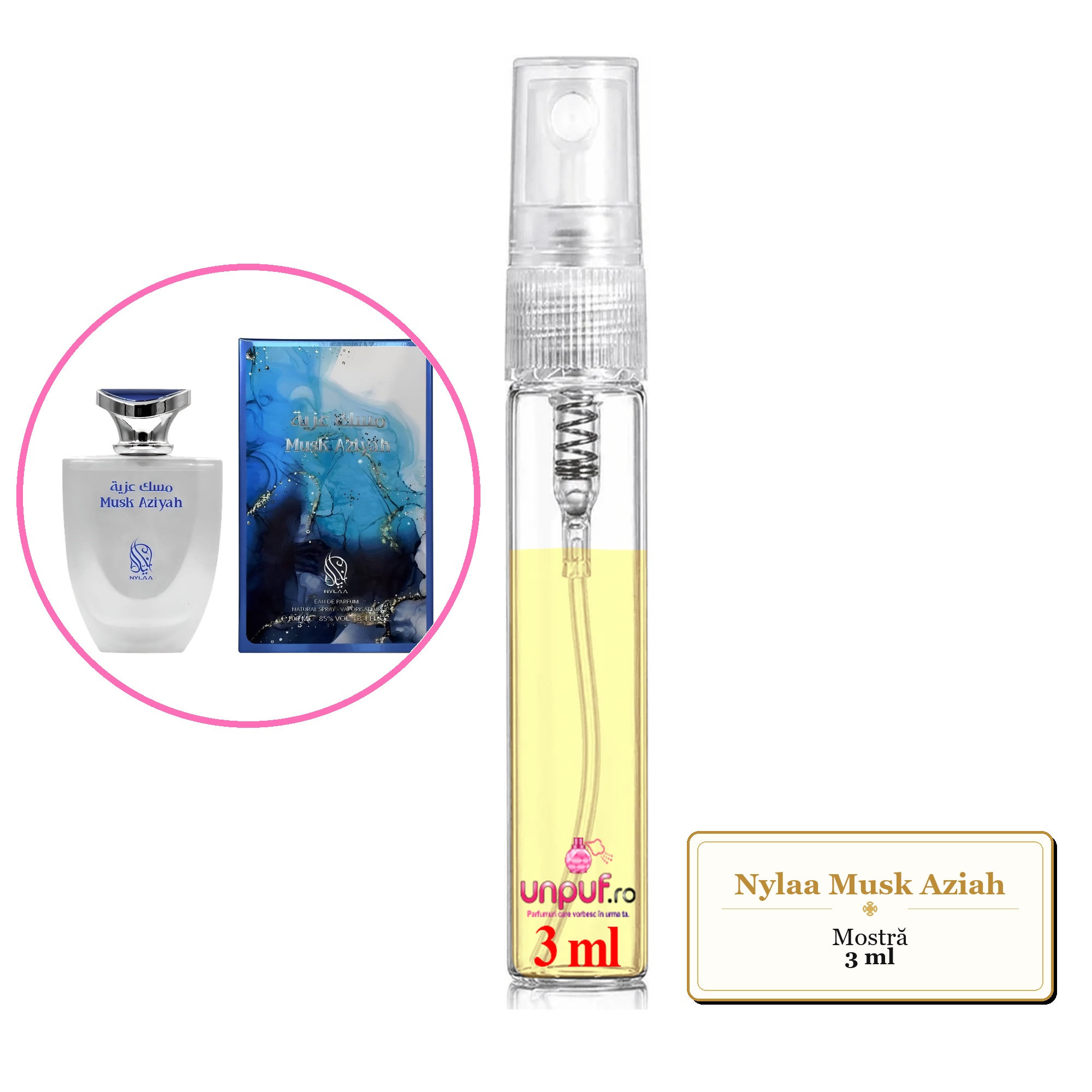 Mostra fiola din Parfumul Nylaa Musk Aziah, decant sticla cu pulverizator