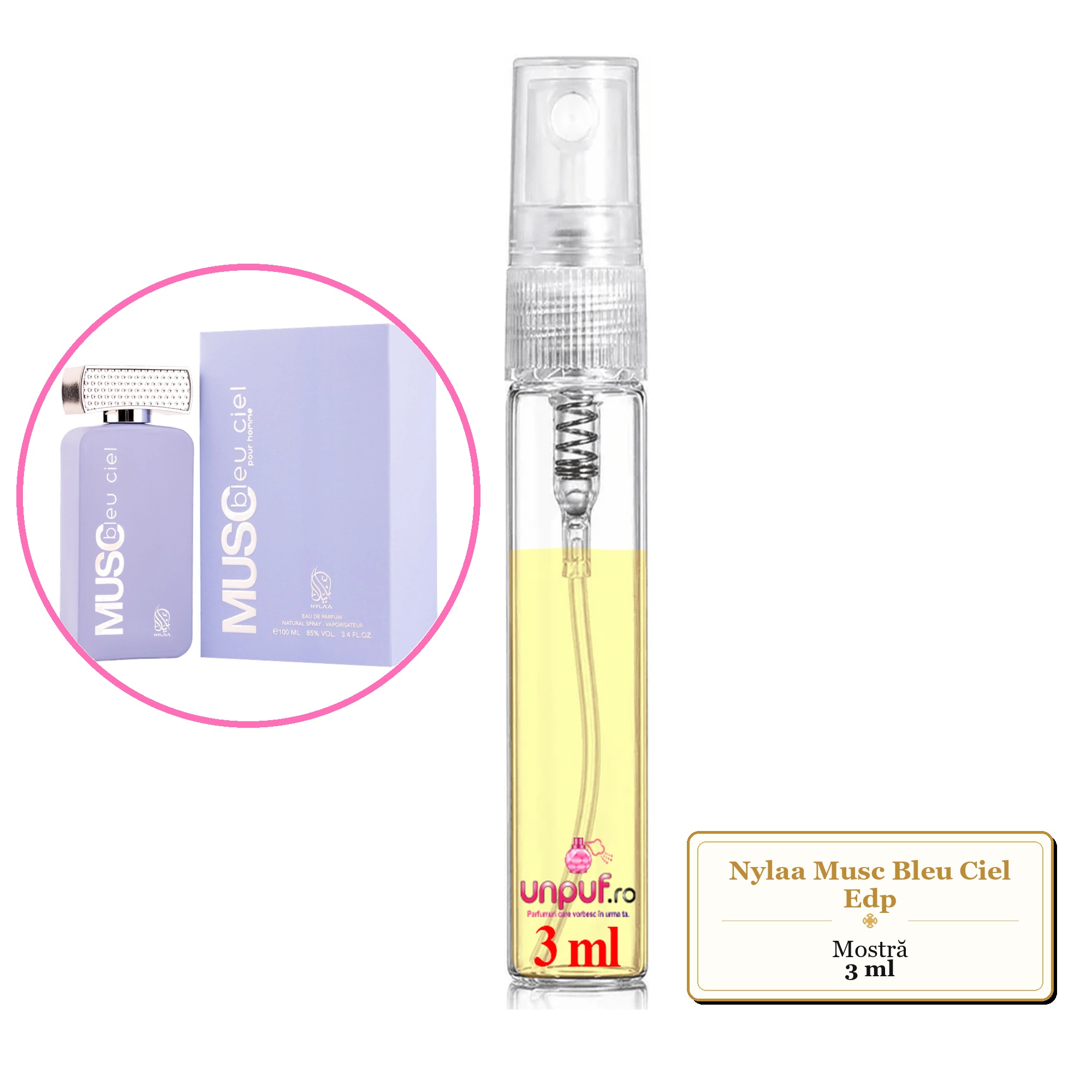 Mostra fiola din Parfumul Nylaa Musc Bleu Ciel Edp, decant sticla cu pulverizator 