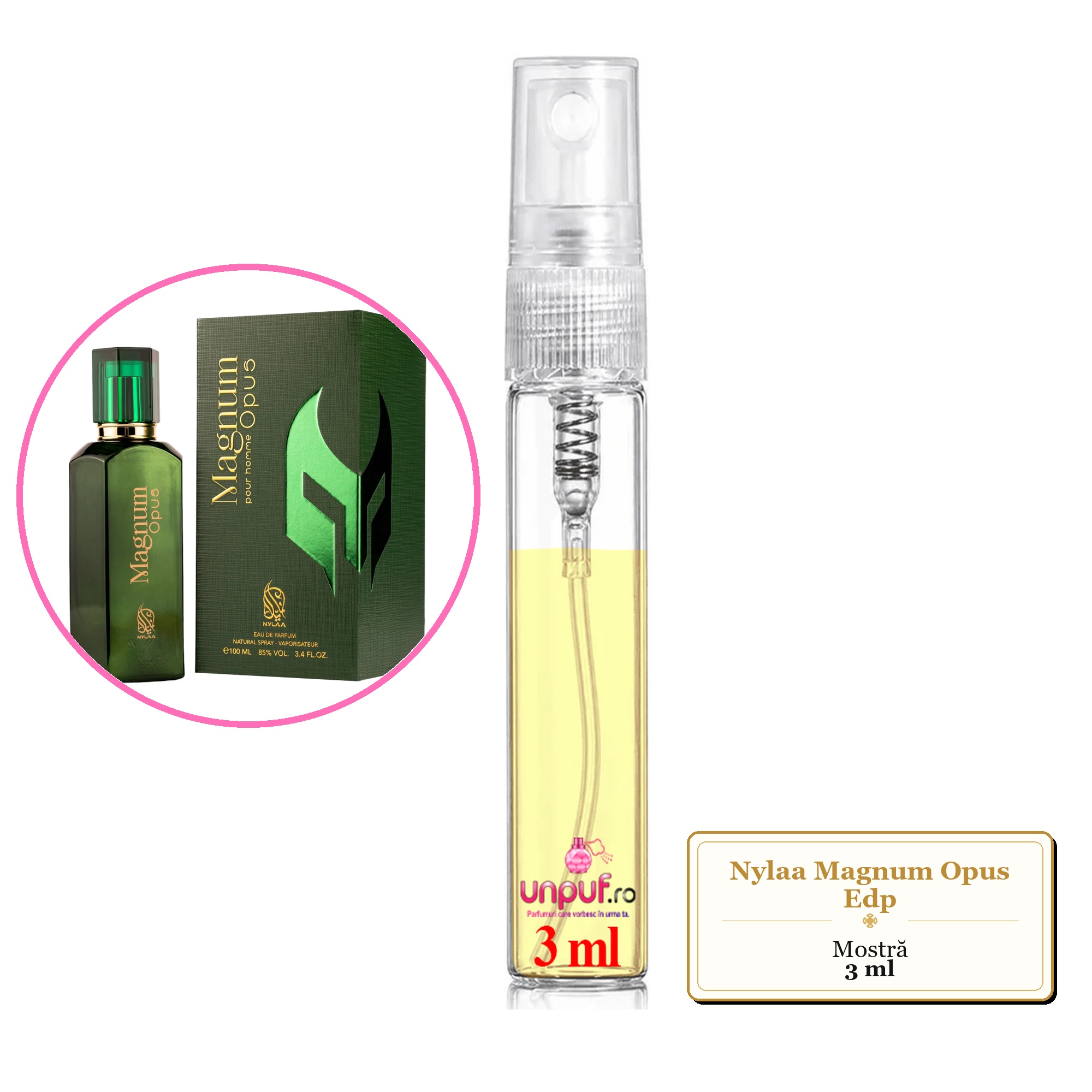 Mostra fiola din Parfumul Nylaa Magnum Opus Edp, decant sticla cu pulverizator
