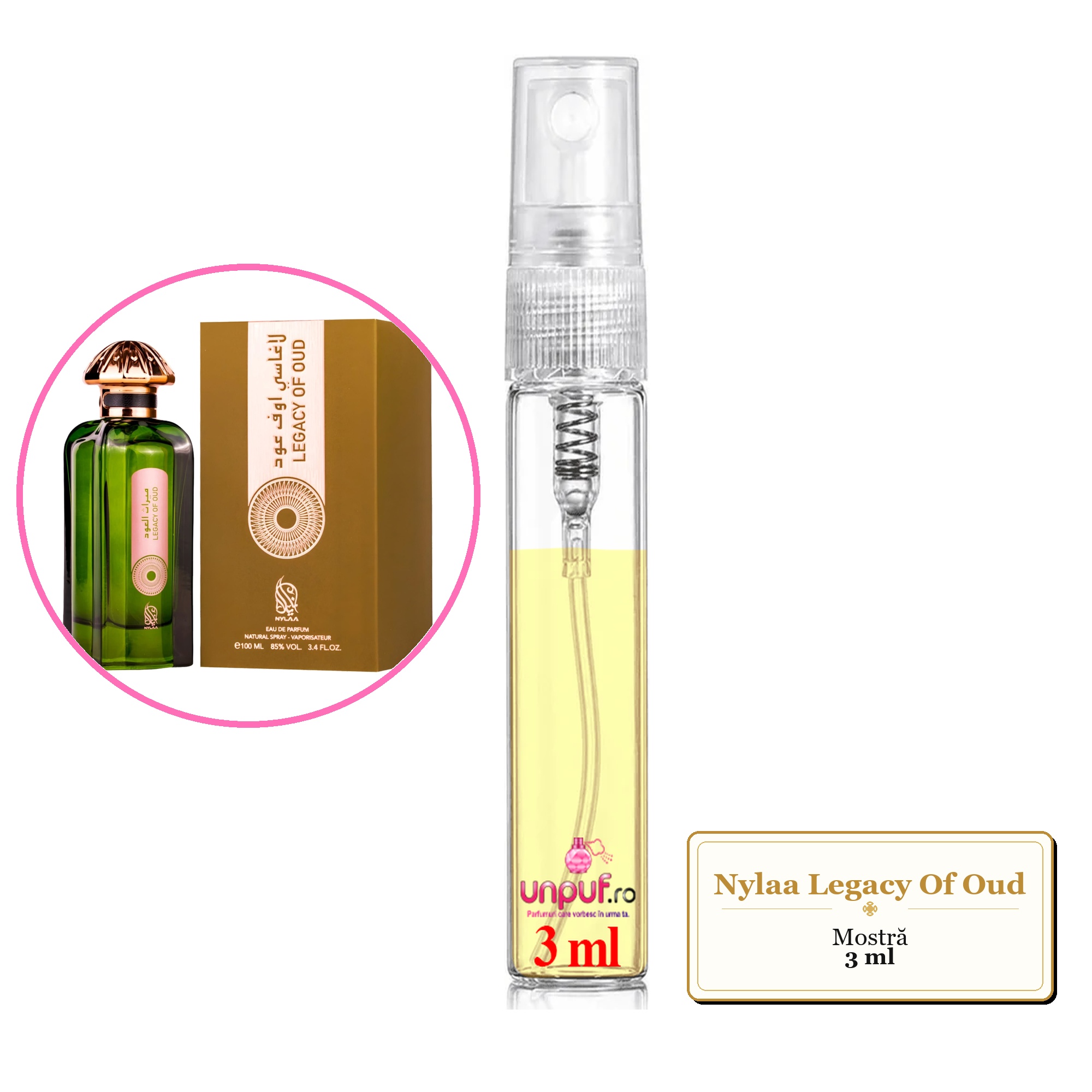 Mostra fiola din Parfumul Nylaa Legacy Of Oud, decant sticla cu pulverizator