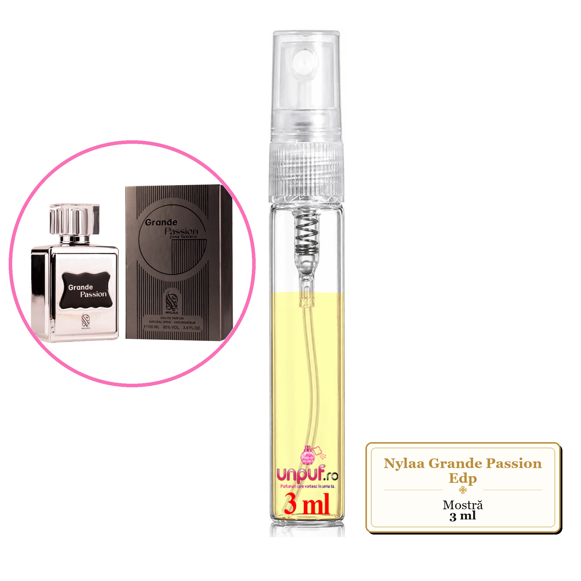 Mostra fiola din Parfumul Nylaa Grande Passion Edp, decant sticla cu pulverizator 
