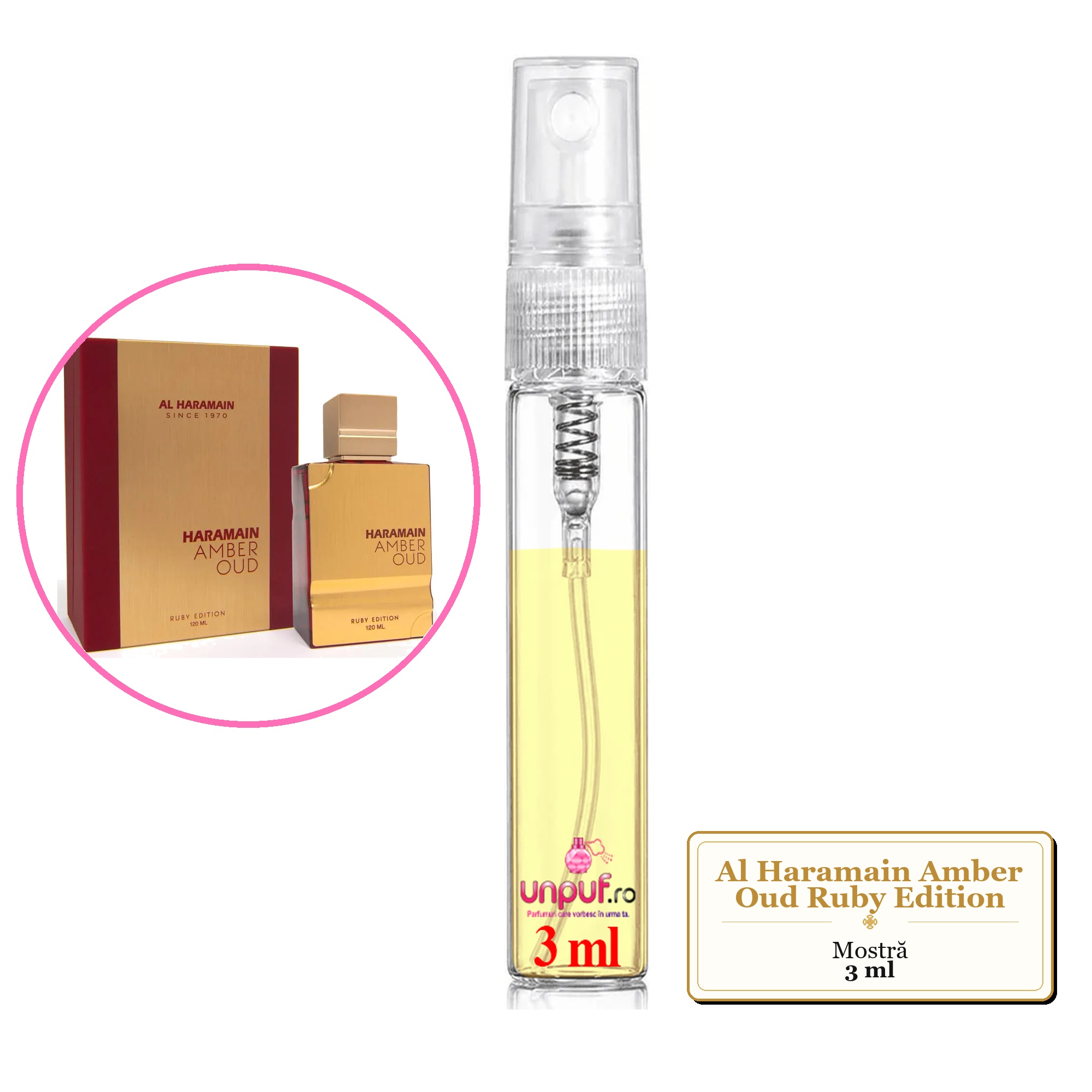 Mostra fiola din Parfumul Al Haramain Amber Oud Ruby Edition, decant sticla cu pulverizator 