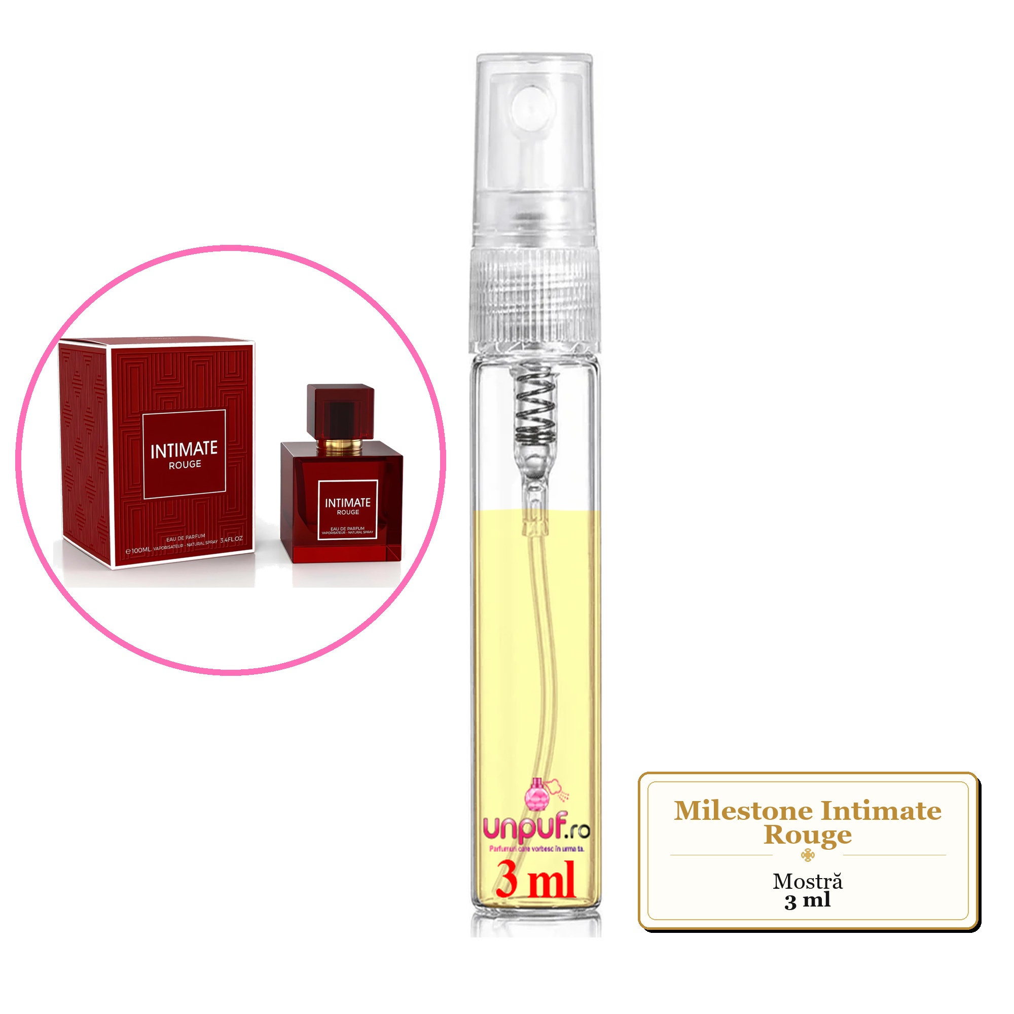 Mostra fiola din Parfumul Milestone Intimate Rouge, decant sticla cu pulverizator