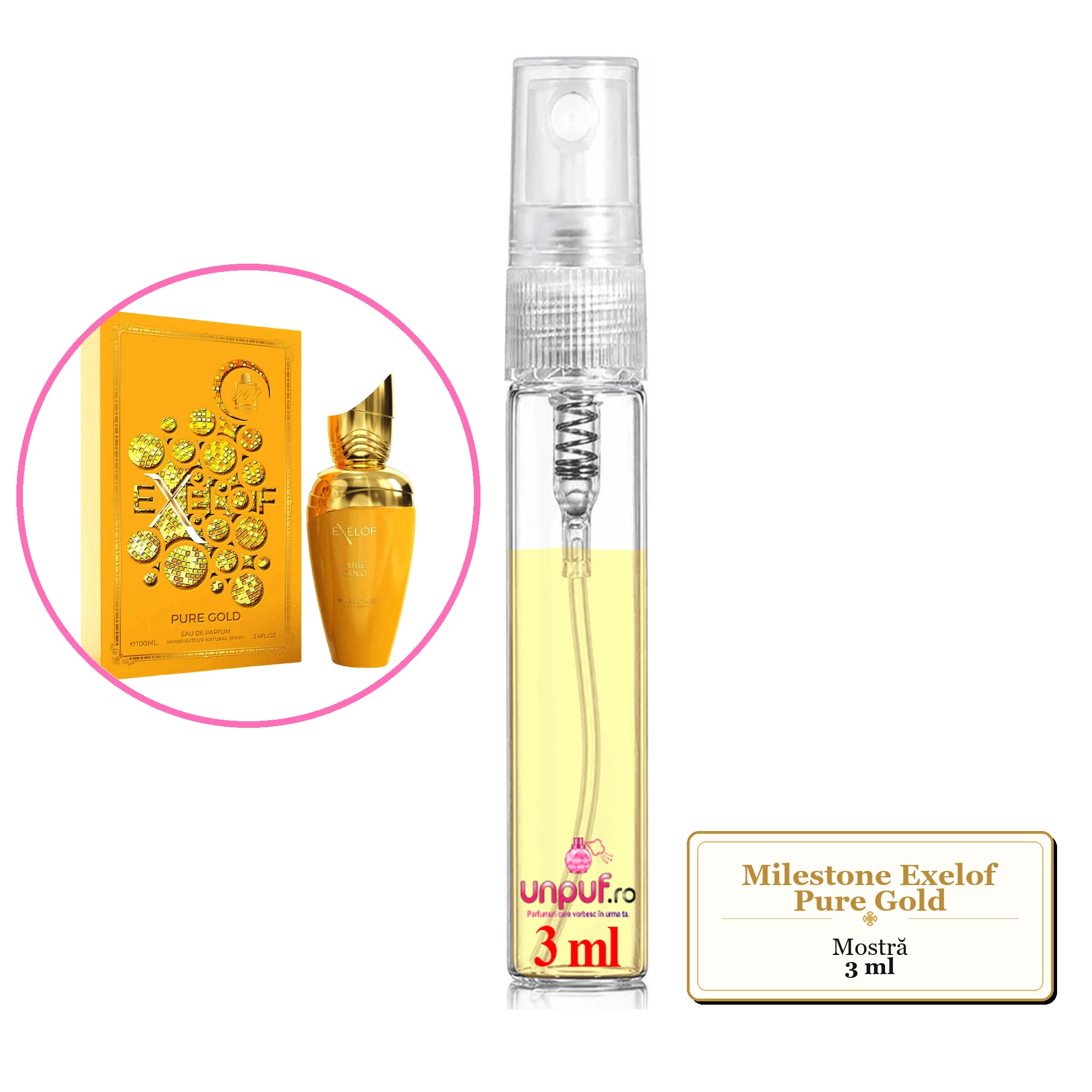 Mostra fiola din Parfumul Milestone Exelof Pure Gold, decant sticla cu pulverizator 