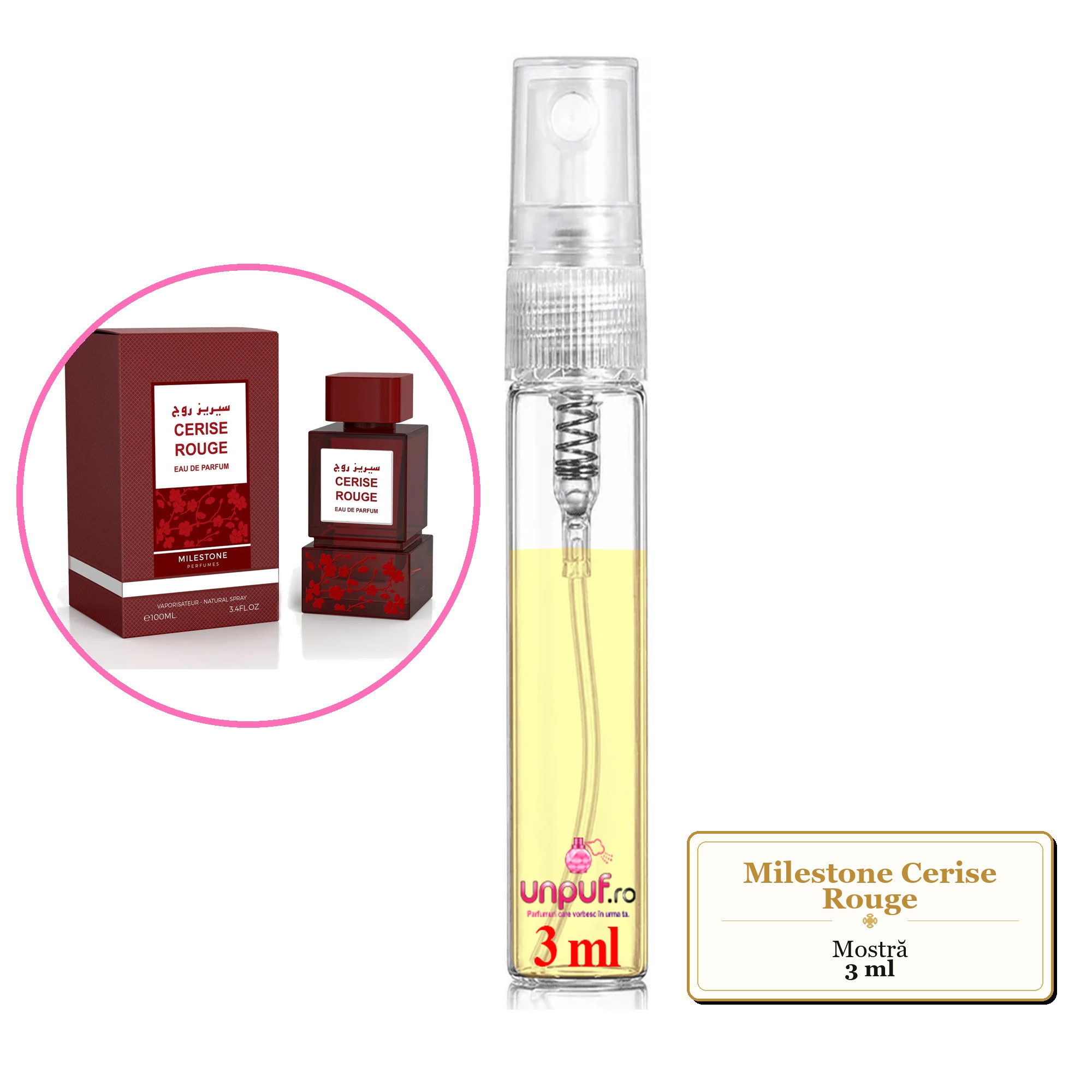Mostra fiola din Parfumul Milestone Cerise Rouge, decant sticla cu pulverizator