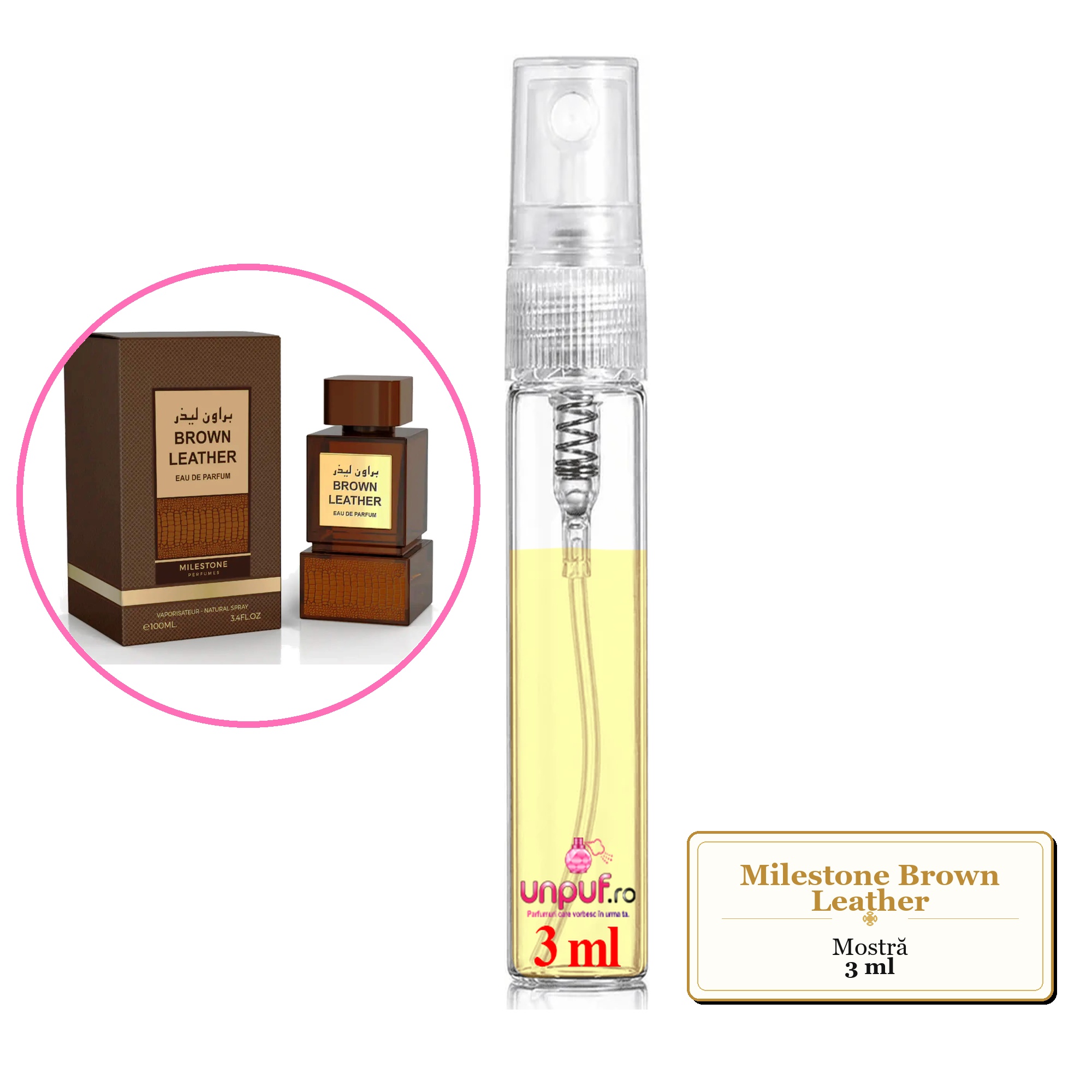 Mostra fiola din Parfumul Milestone Brown Leather, decant sticla cu pulverizator 