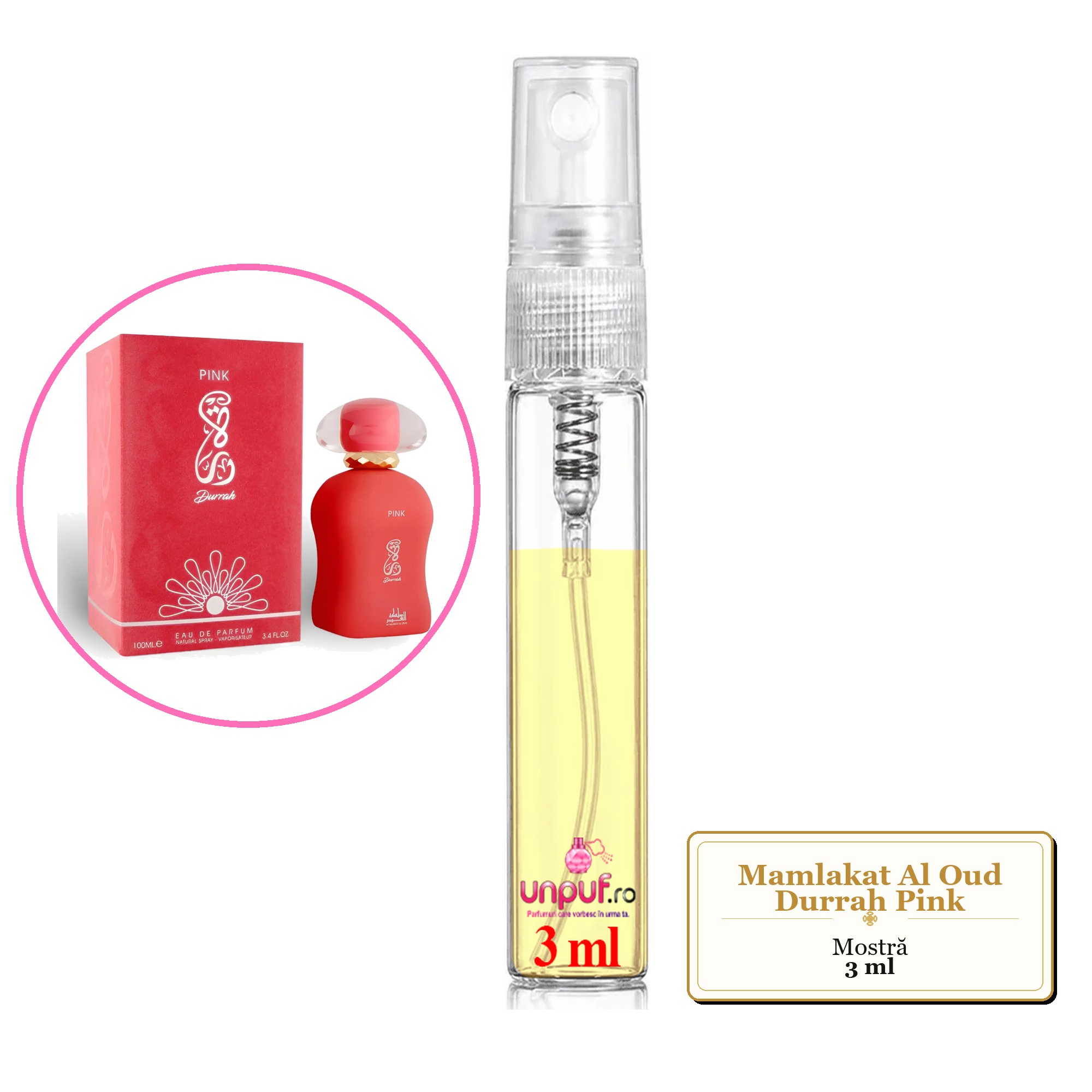 Mostra fiola din Parfumul Mamlakat Al Oud Durrah Pink, decant sticla cu pulverizator 