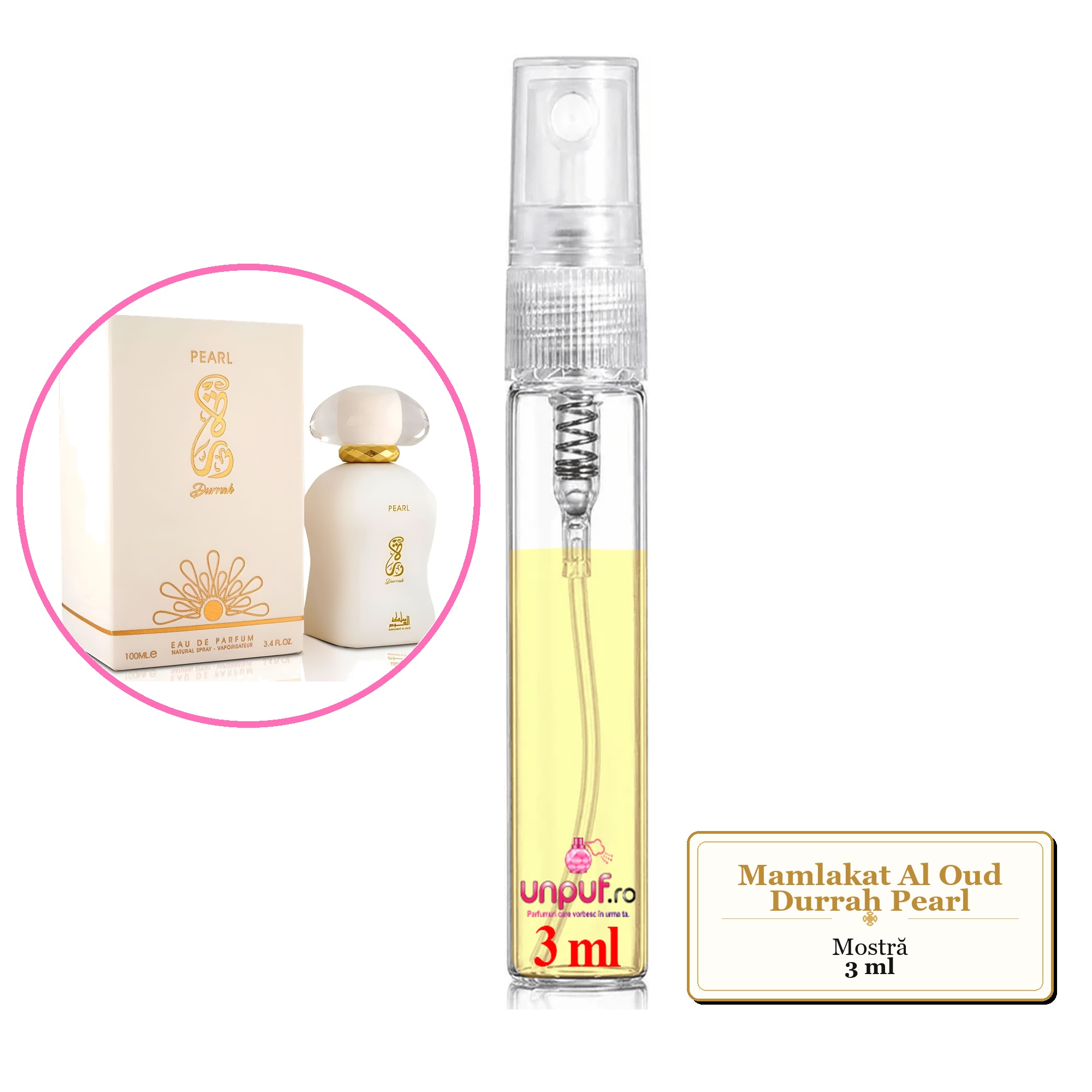 Mostra fiola din Parfumul Mamlakat Al Oud Durrah Pearl, decant sticla cu pulverizator