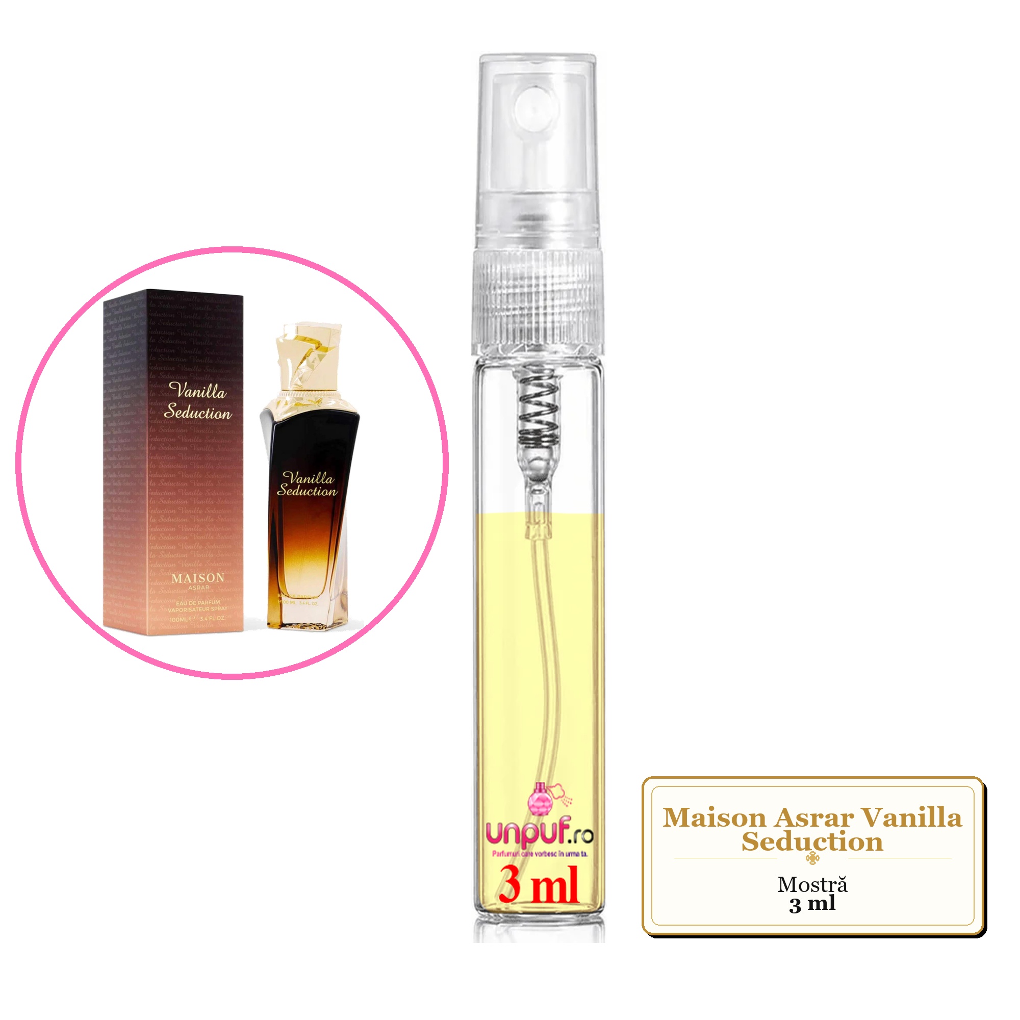 Mostra fiola din Parfumul Maison Asrar Vanilla Seduction, decant sticla cu pulverizator