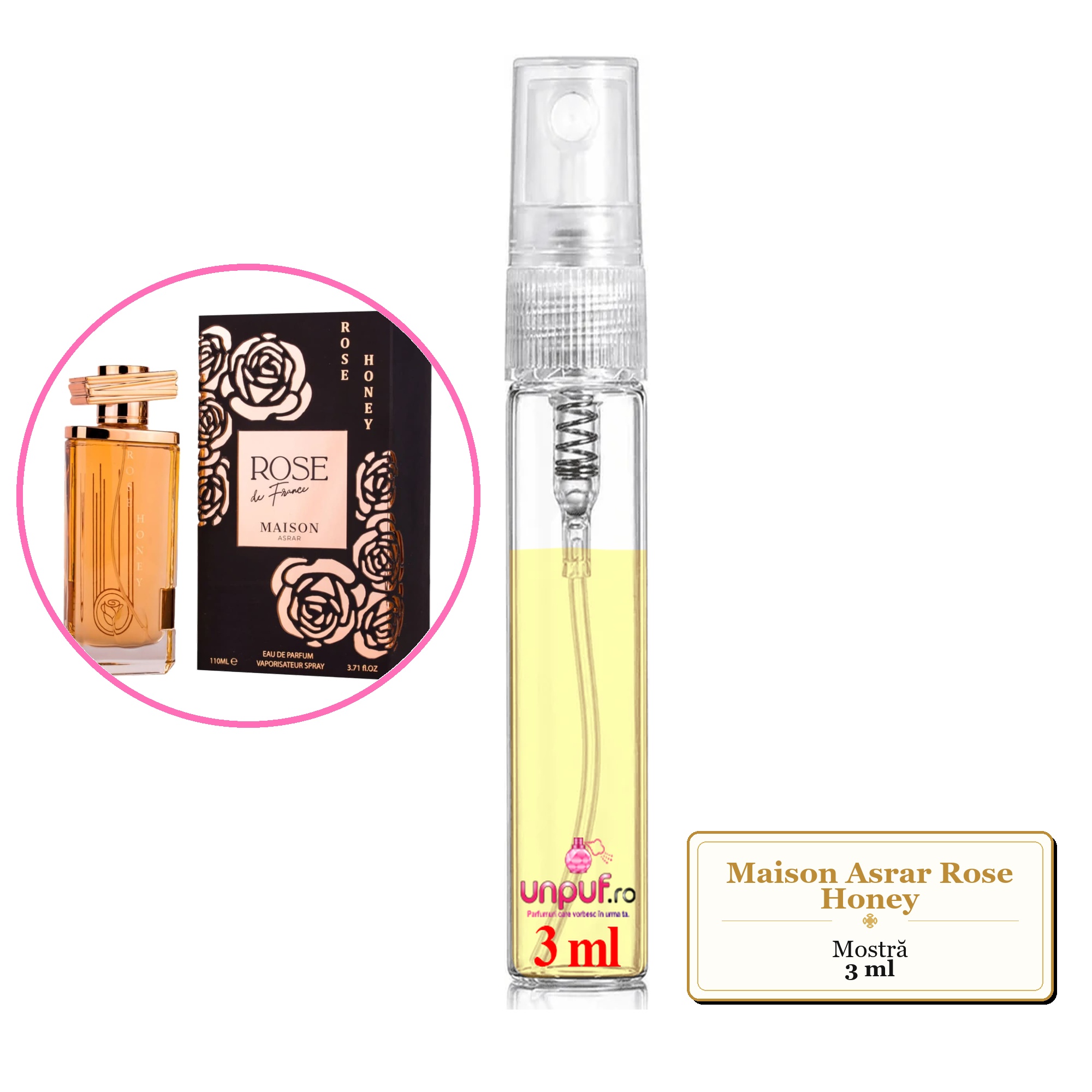 Mostra fiola din Parfumul Maison Asrar Rose Honey, decant sticla cu pulverizator 