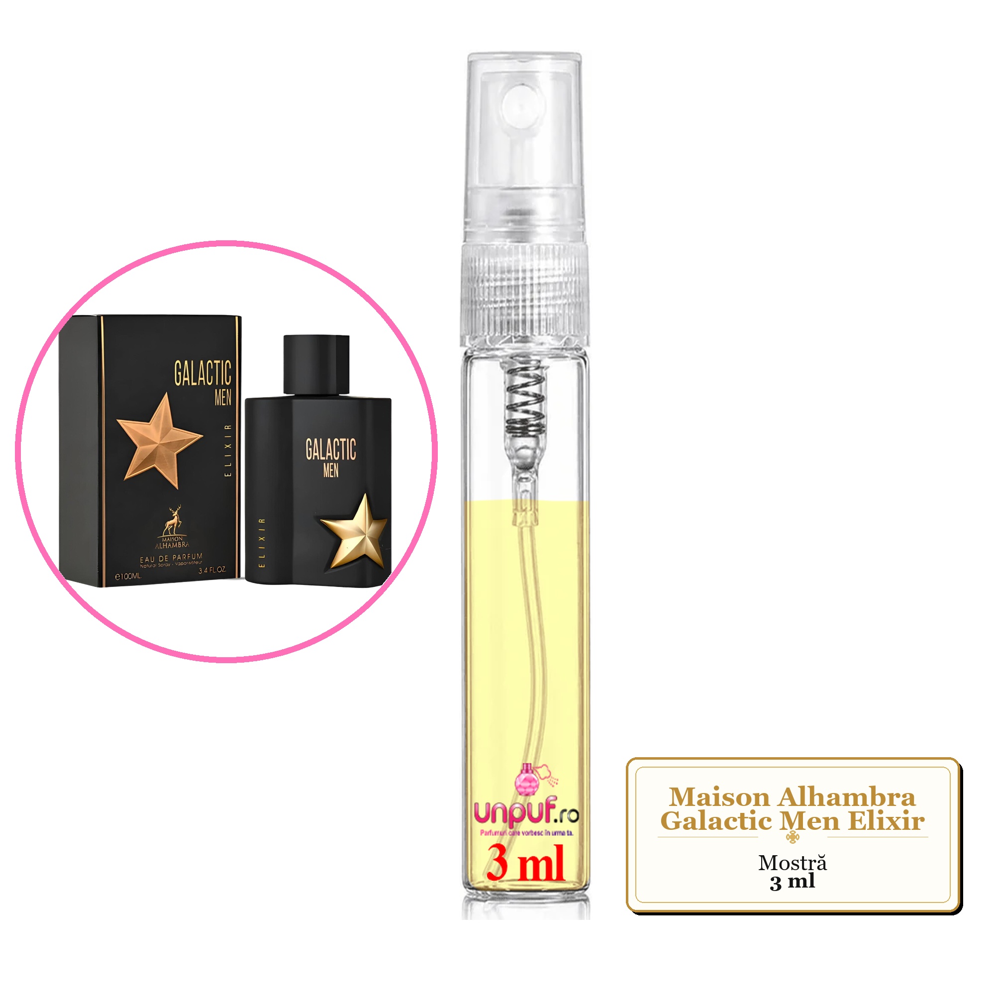 Mostra fiola din Parfumul Maison Alhambra Galactic Men Elixir, decant sticla cu pulverizator 