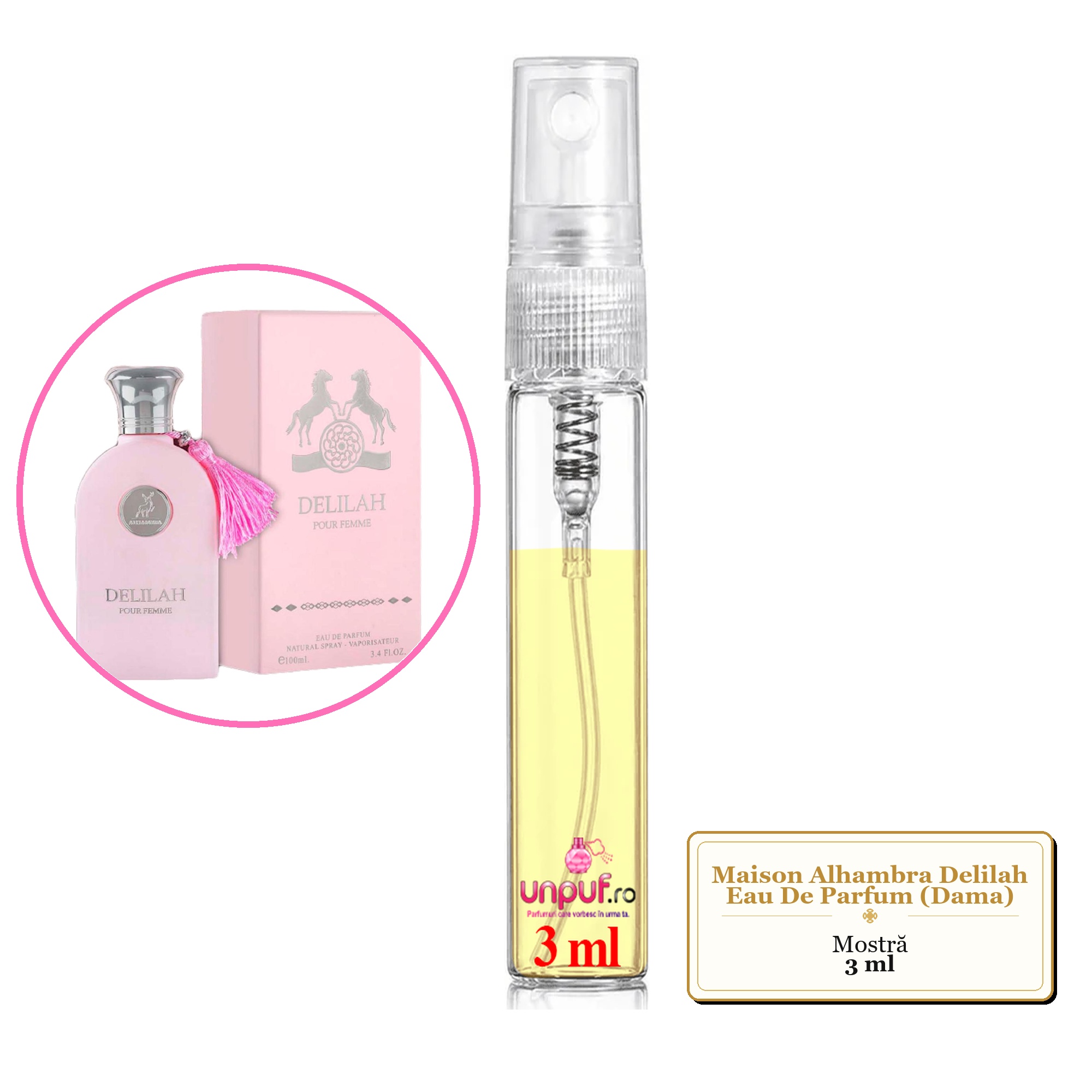 Mostra fiola din Parfumul Maison Alhambra Delilah Eau De Parfum (Dama), decant sticla cu pulverizator 