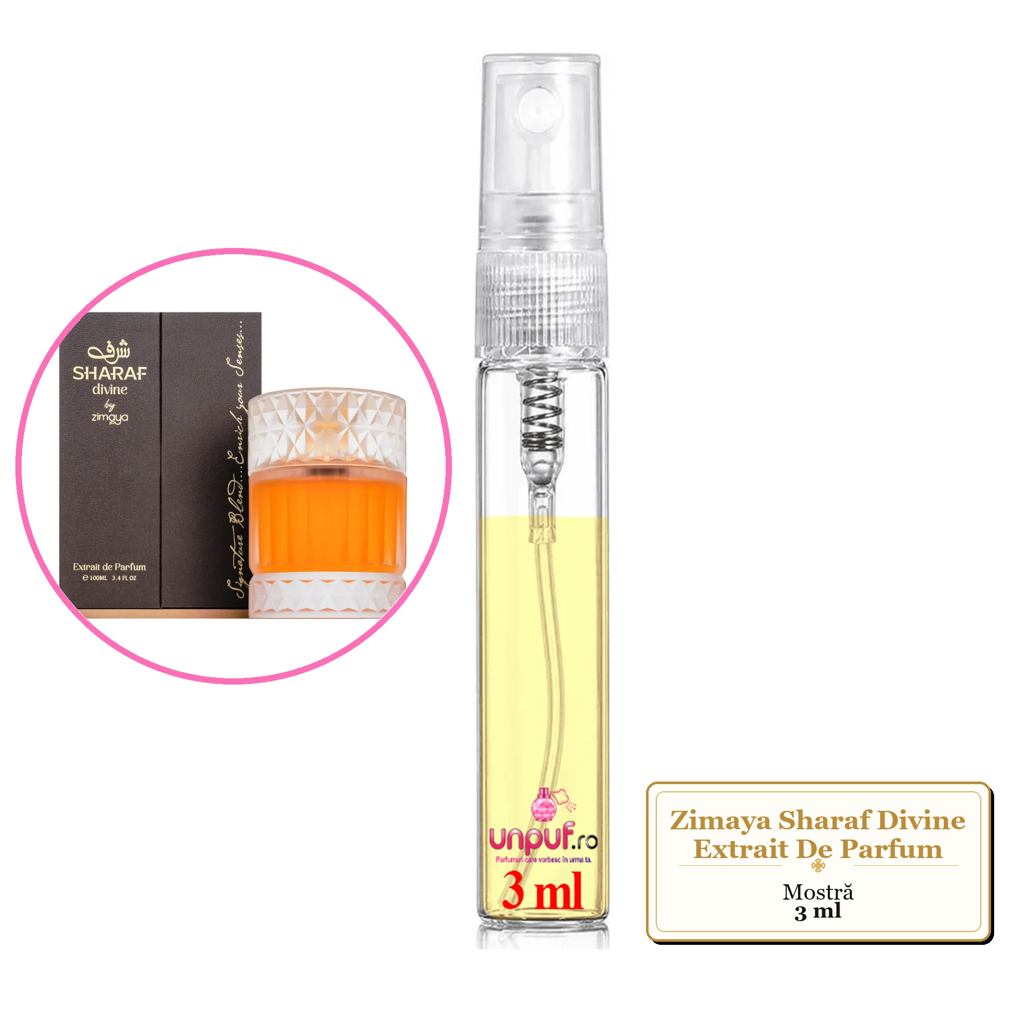 Mostra fiola din Parfumul Zimaya Sharaf Divine Extrait De Parfum, decant sticla cu pulverizator 