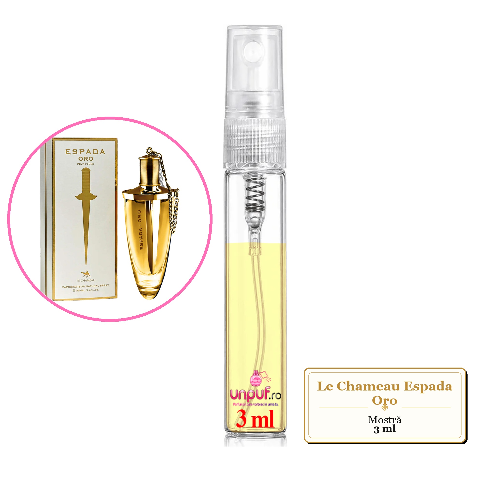 Mostra fiola din Parfumul Le Chameau Espada Oro, decant sticla cu pulverizator 