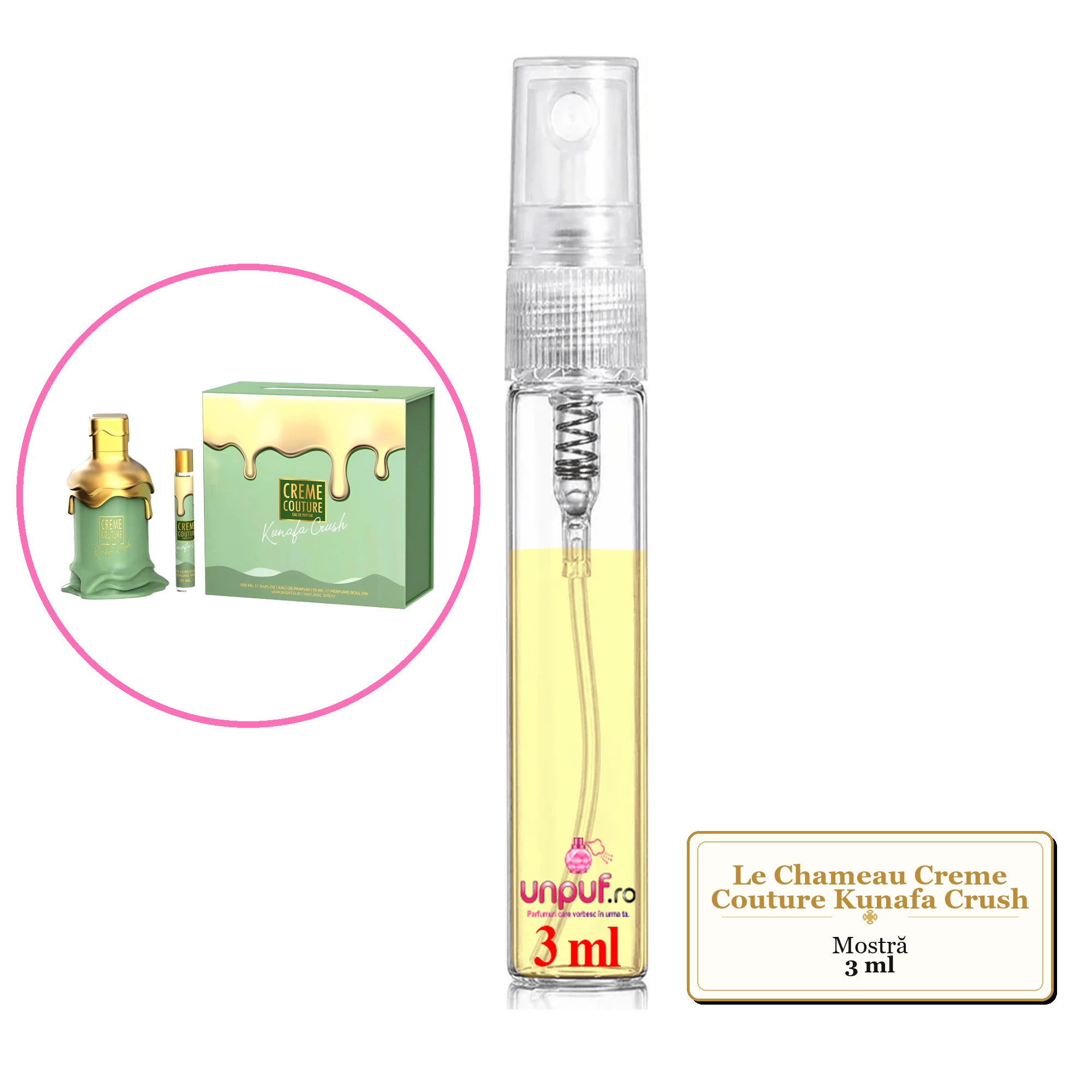 Mostra fiola din Parfumul Le Chameau Creme Couture Kunafa Crush, decant sticla cu pulverizator