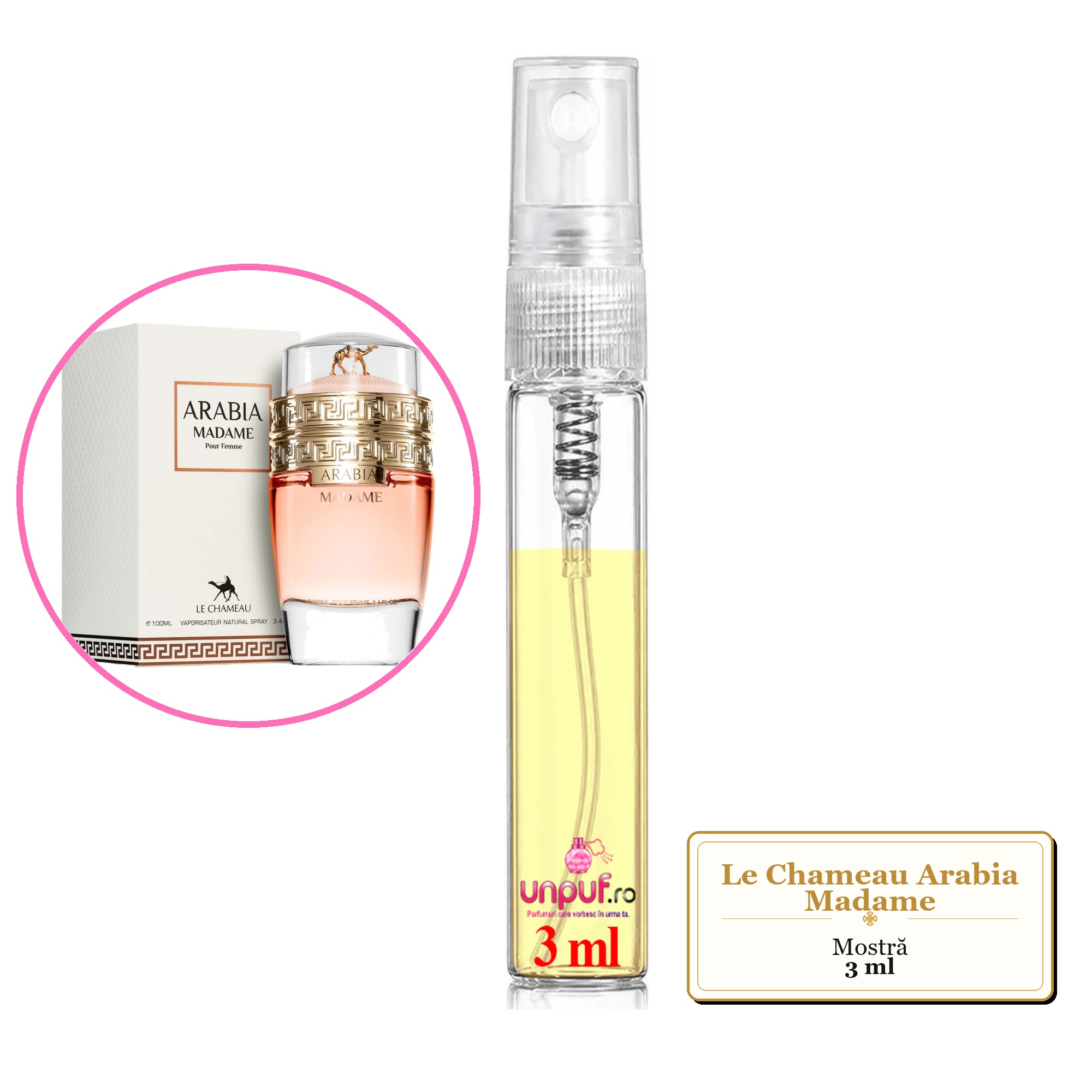 Mostra fiola din Parfumul Le Chameau Arabia Madame, decant sticla cu pulverizator 