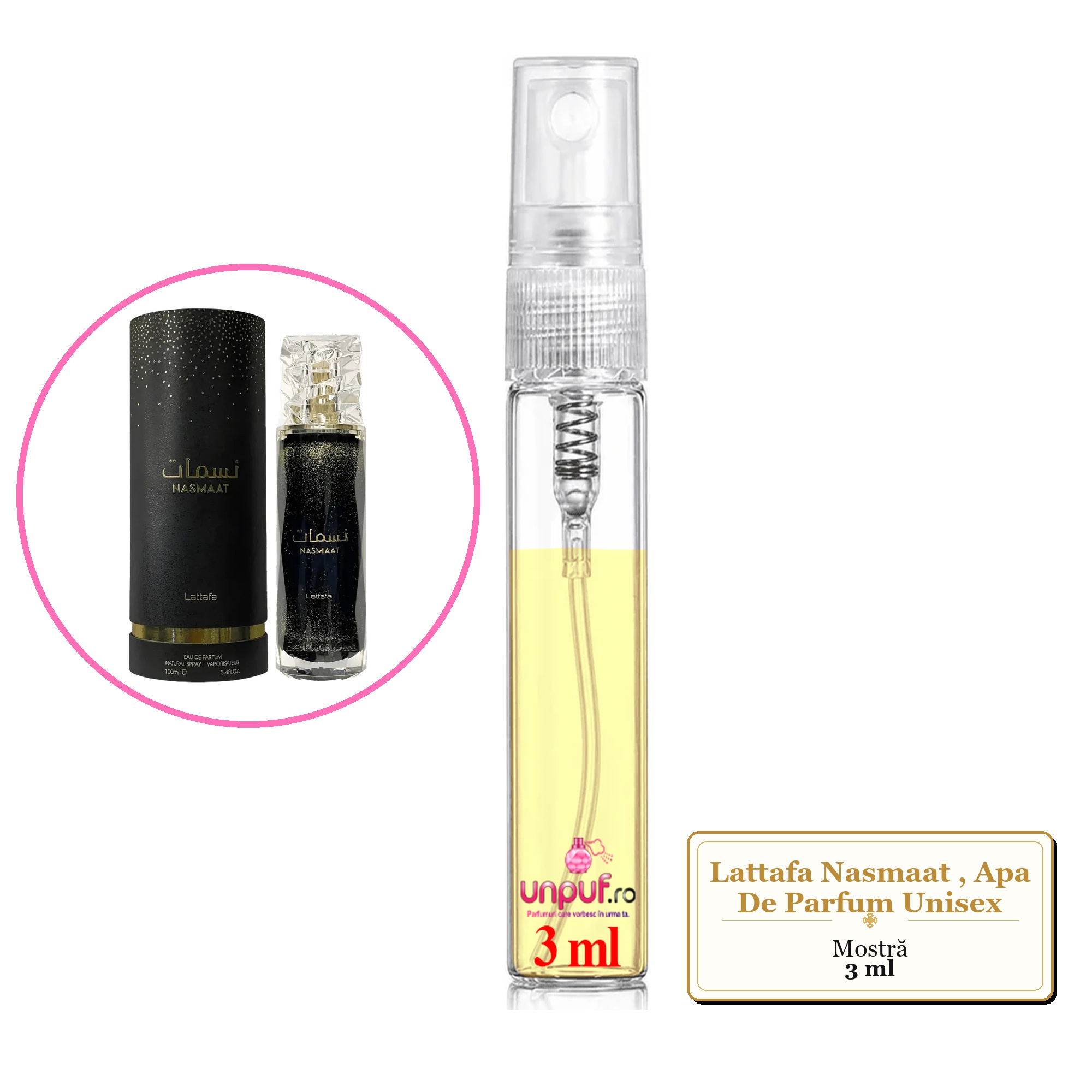 Mostra fiola din Parfumul Lattafa Nasmaat, Apa De Parfum Unisex, decant sticla cu pulverizator