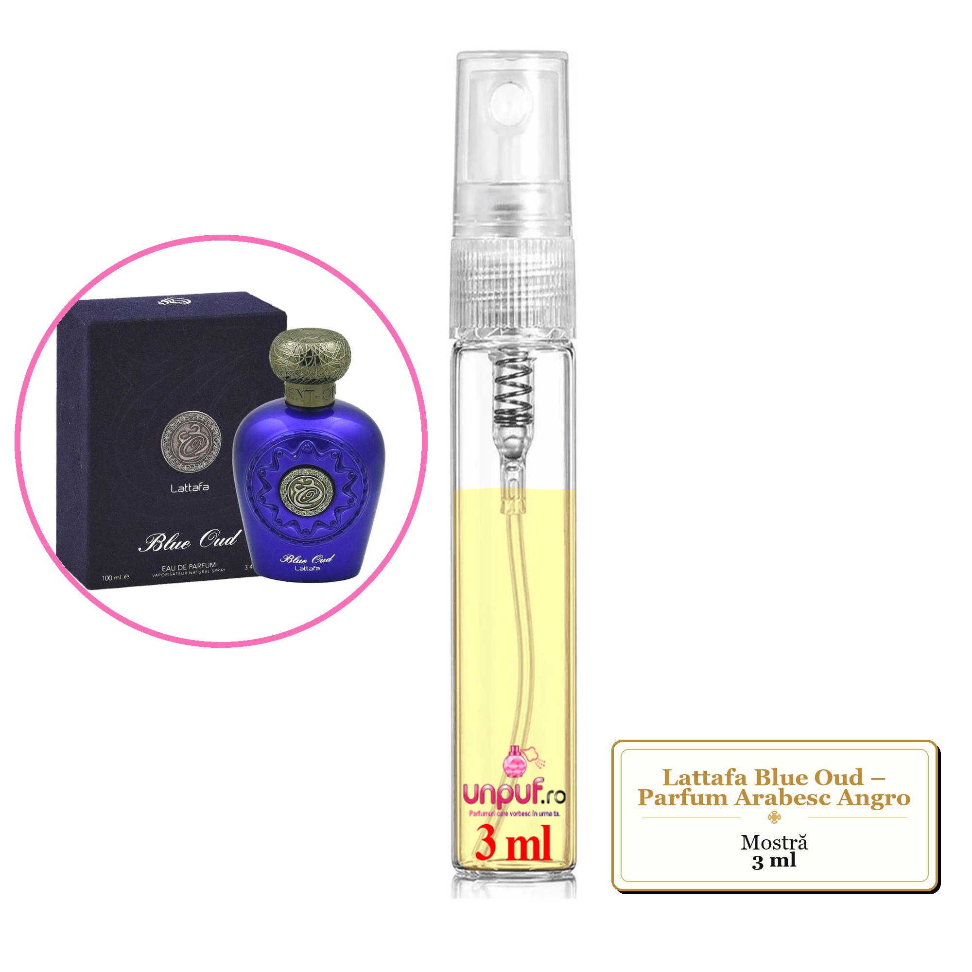 Mostra fiola din Parfumul Lattafa Blue Oud – Parfum Arabesc Angro, decant sticla cu pulverizator