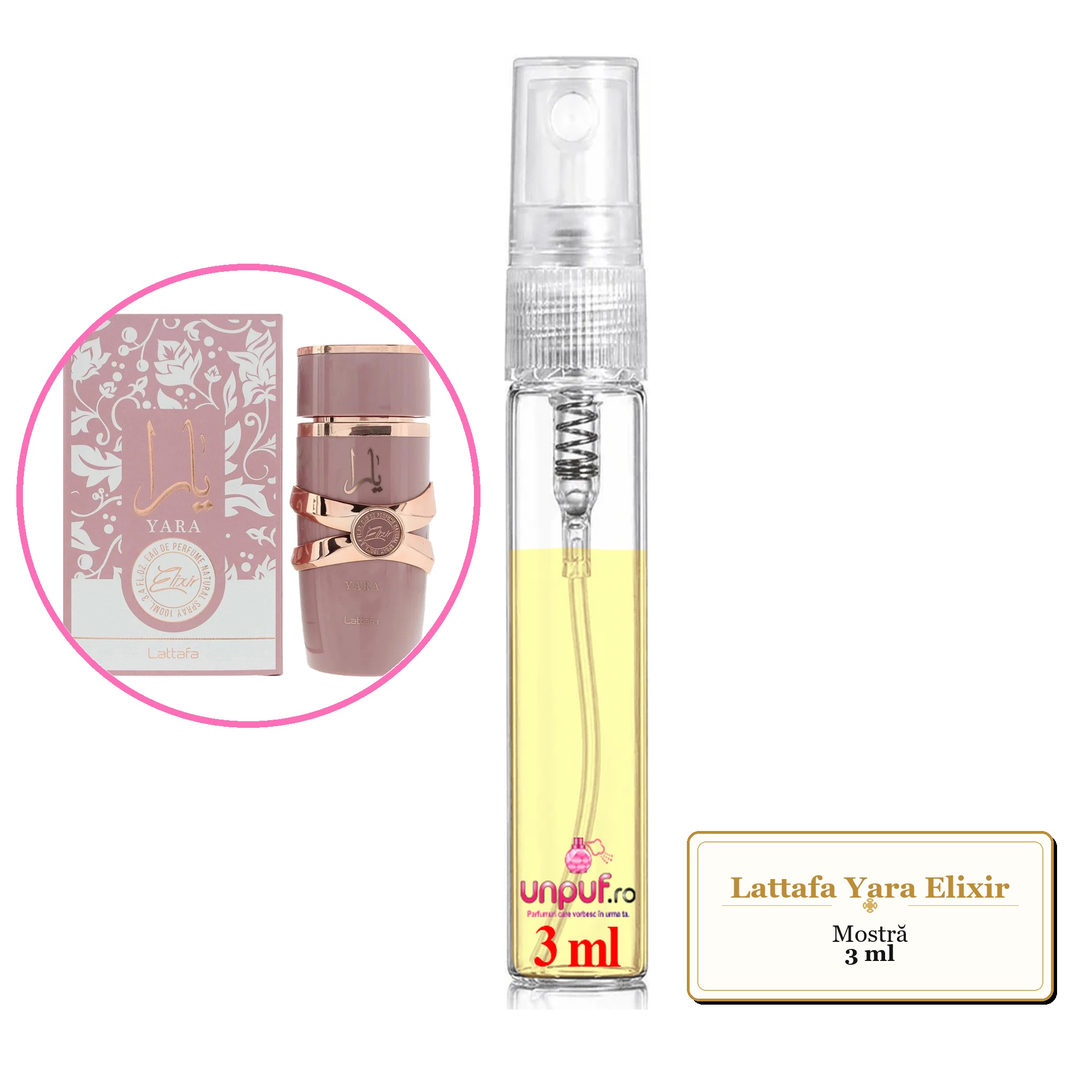 Mostra fiola din Parfumul Lattafa Yara Elixir, decant sticla cu pulverizator