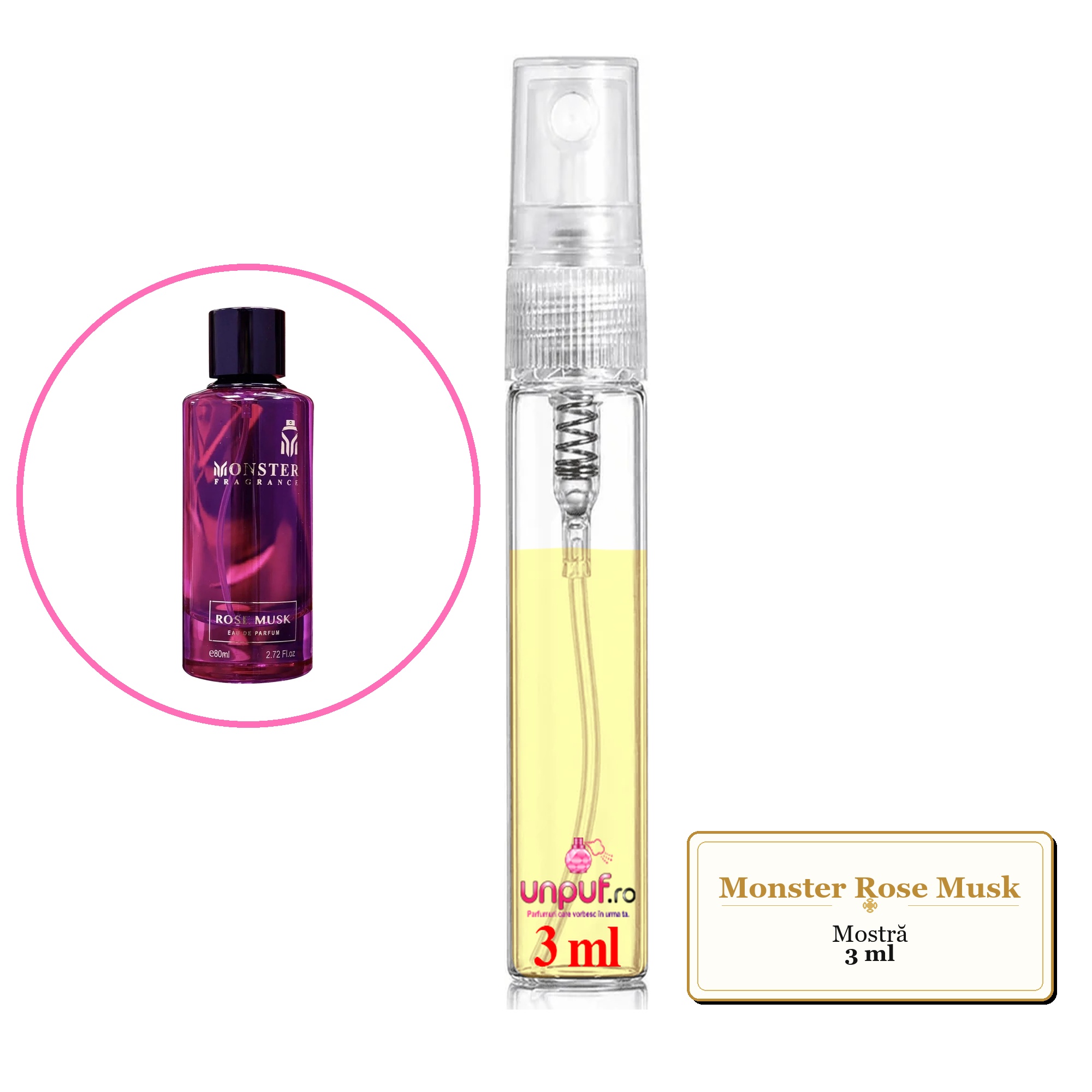 Mostra fiola din Parfumul Monster Rose Musk, decant sticla cu pulverizator