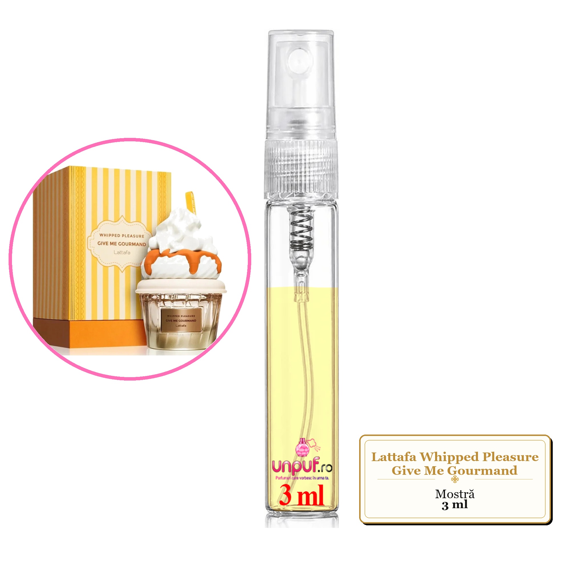 Mostra fiola din Parfumul Lattafa Whipped Pleasure Give Me Gourmand, decant sticla cu pulverizator