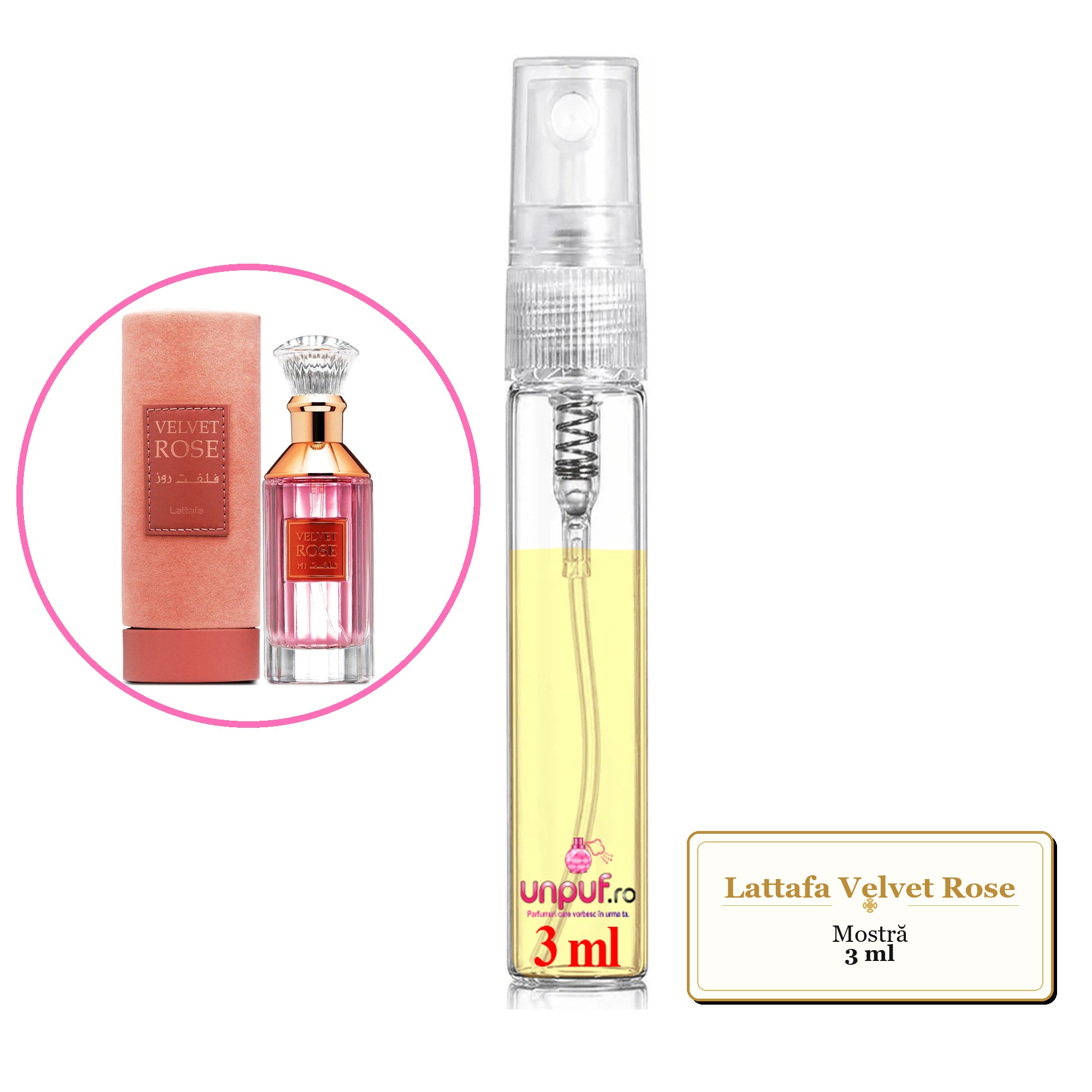 Mostra fiola din Parfumul Lattafa Velvet Rose, decant sticla cu pulverizator 